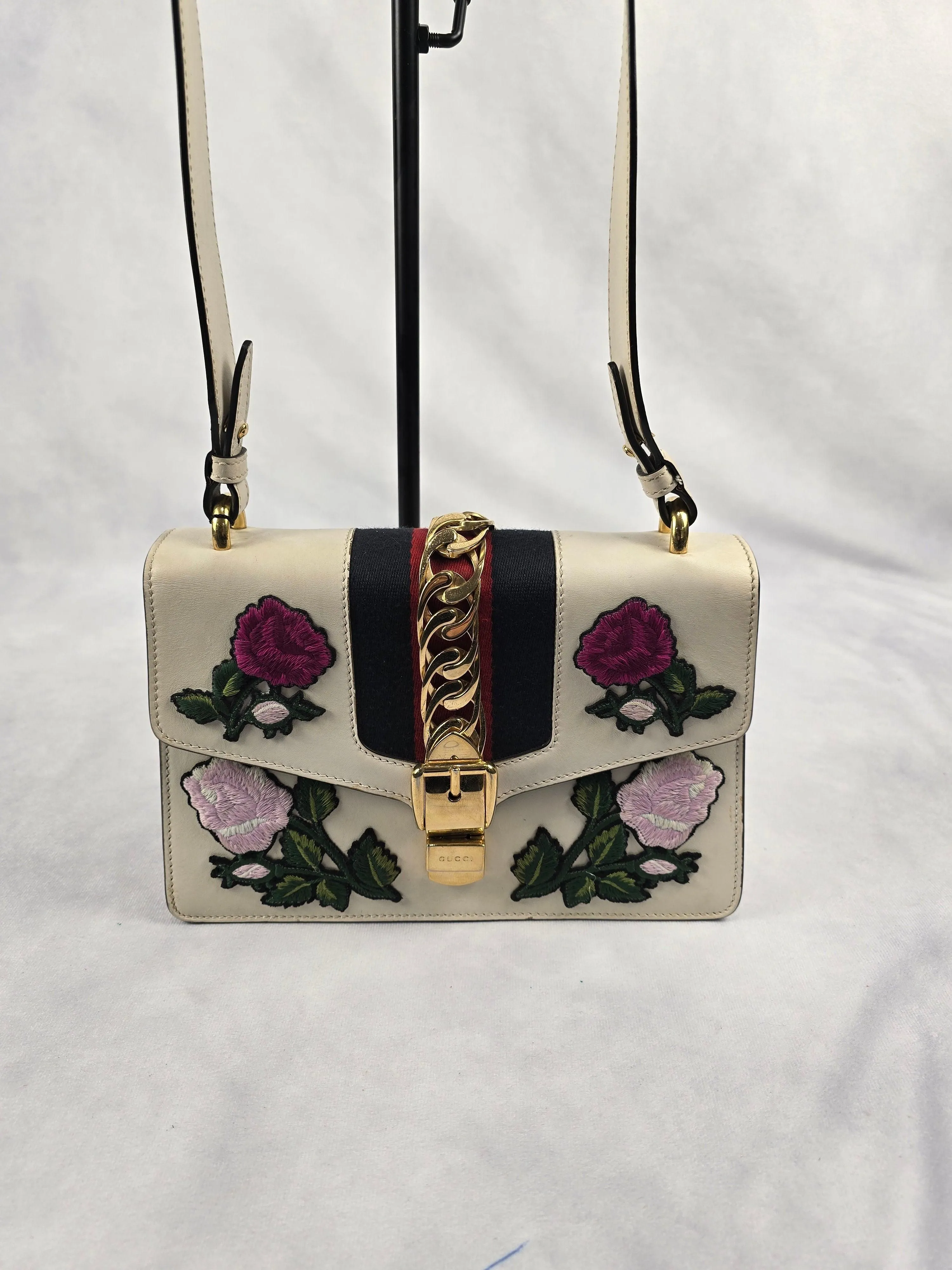Gucci Medium Sylvie Embroidered White Leather Shoulder Bag