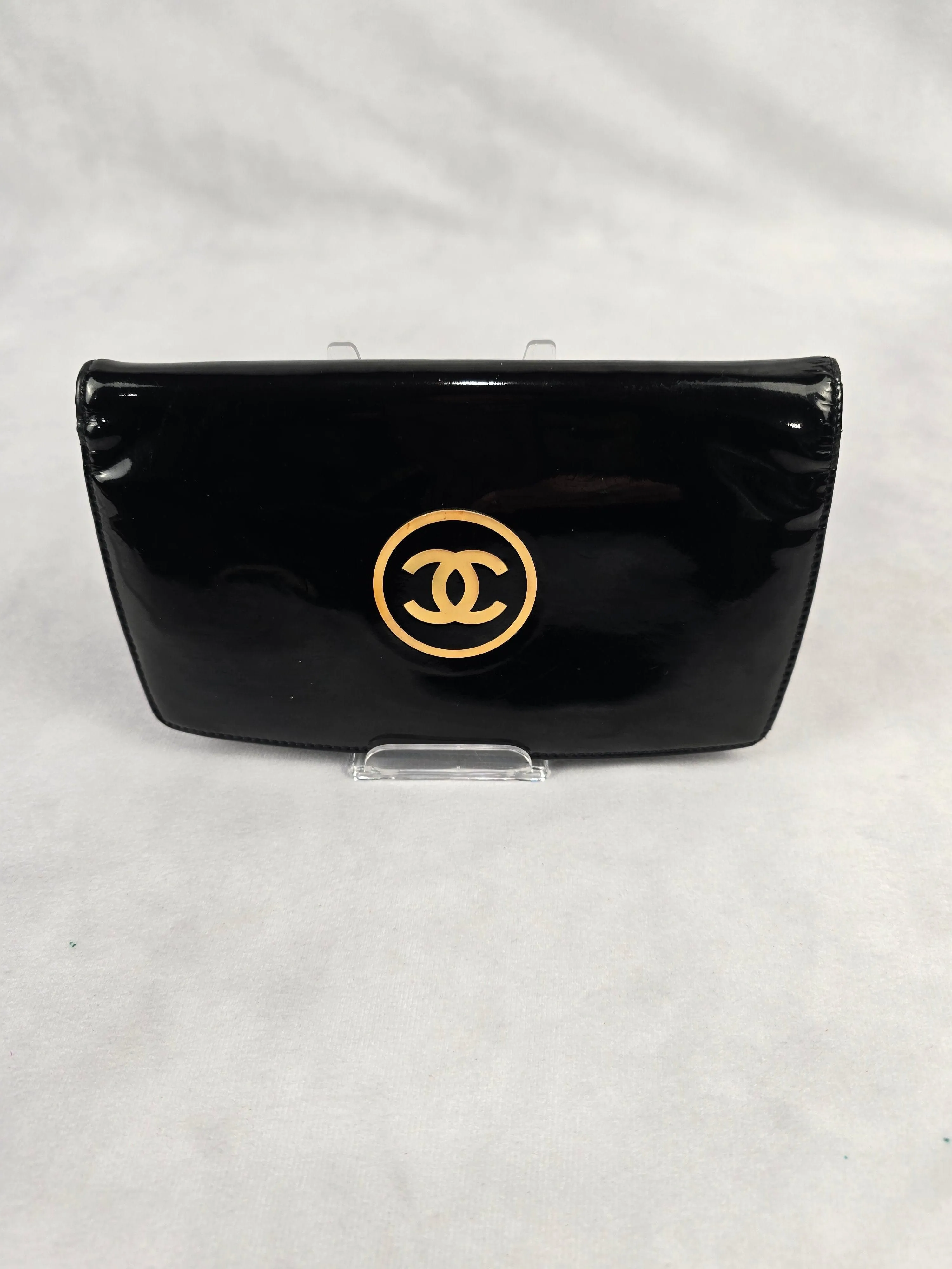 Chanel Vintage CC Line Continental Black Patent Bifold Long Wallet