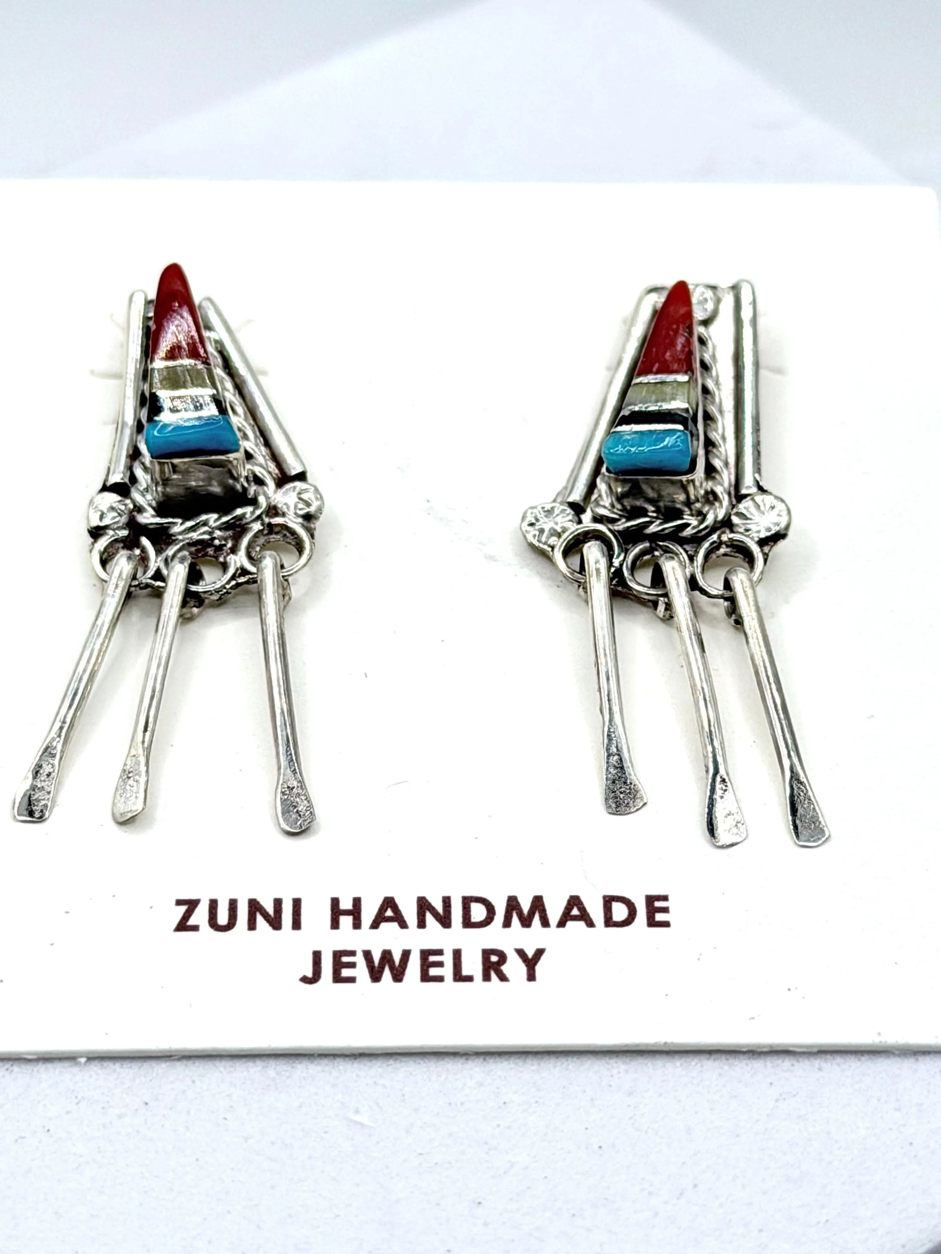 ZUNI INLAY MULTISTONES DANGLE EARRINGS (LA 71)