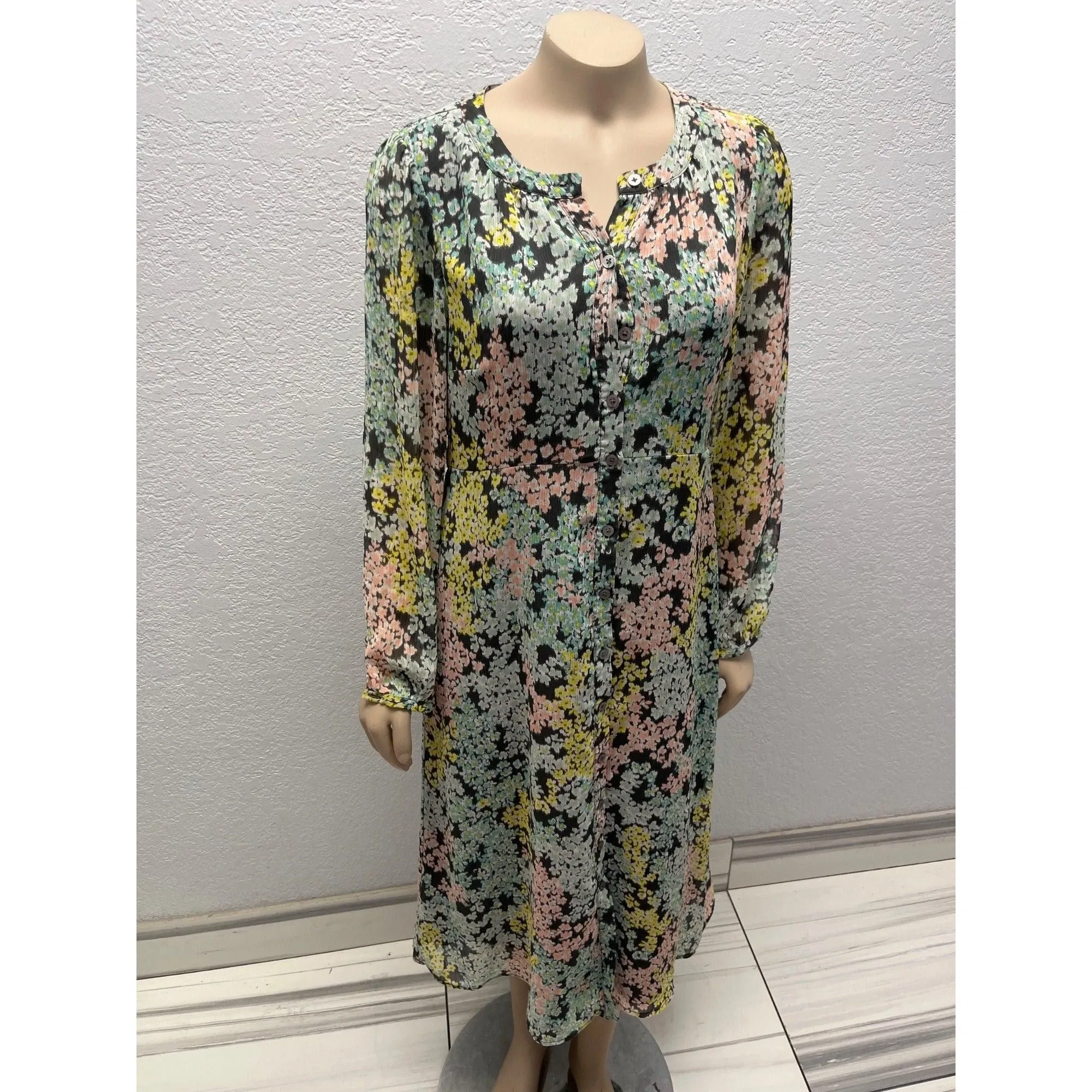 #1097 Floral Long-Sleeve Button-Front Midi Dress By Loft In Multicolor Size 6