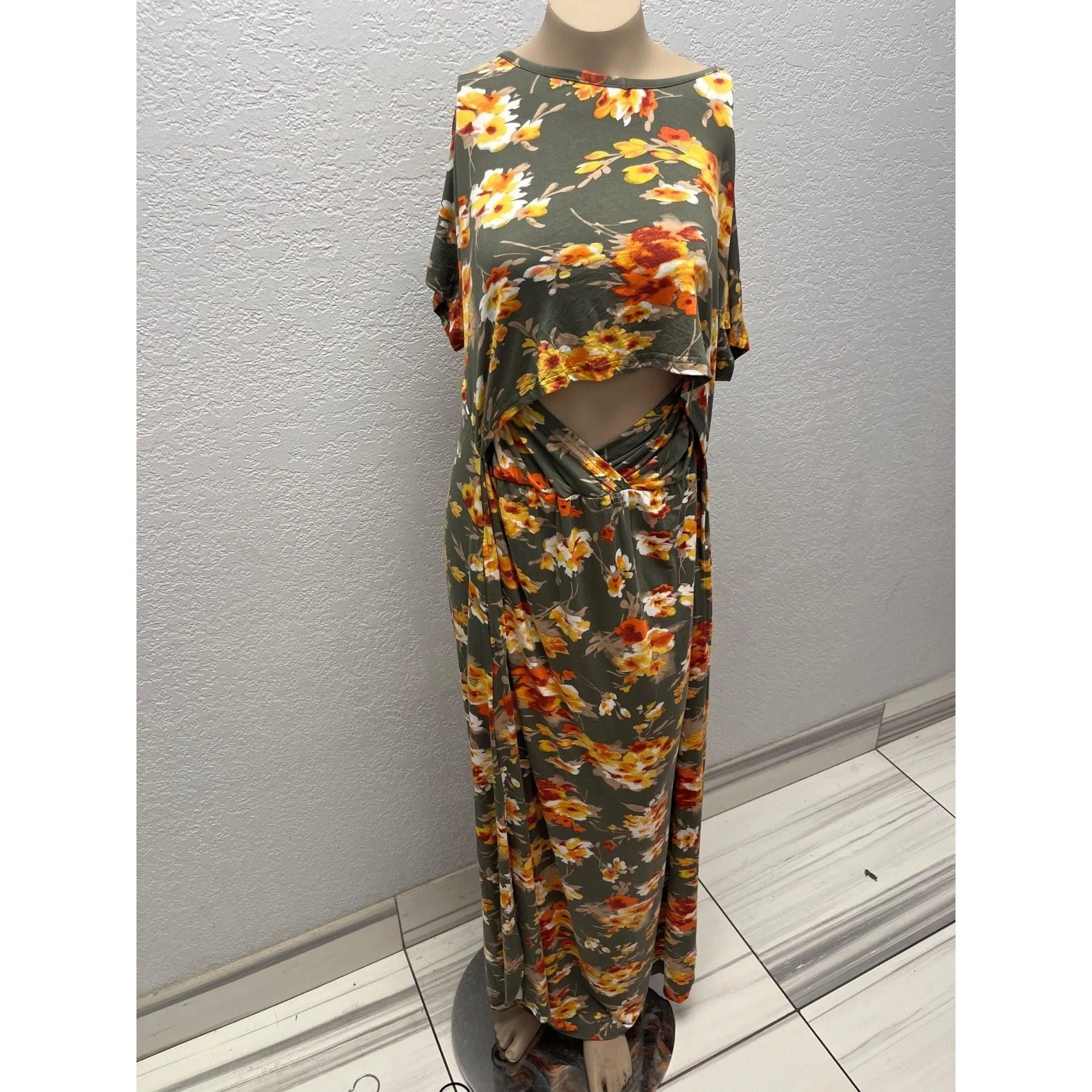 #1106 Smallshow Floral Short Sleeve Nursing Maxi Dress Green Orange Size XL