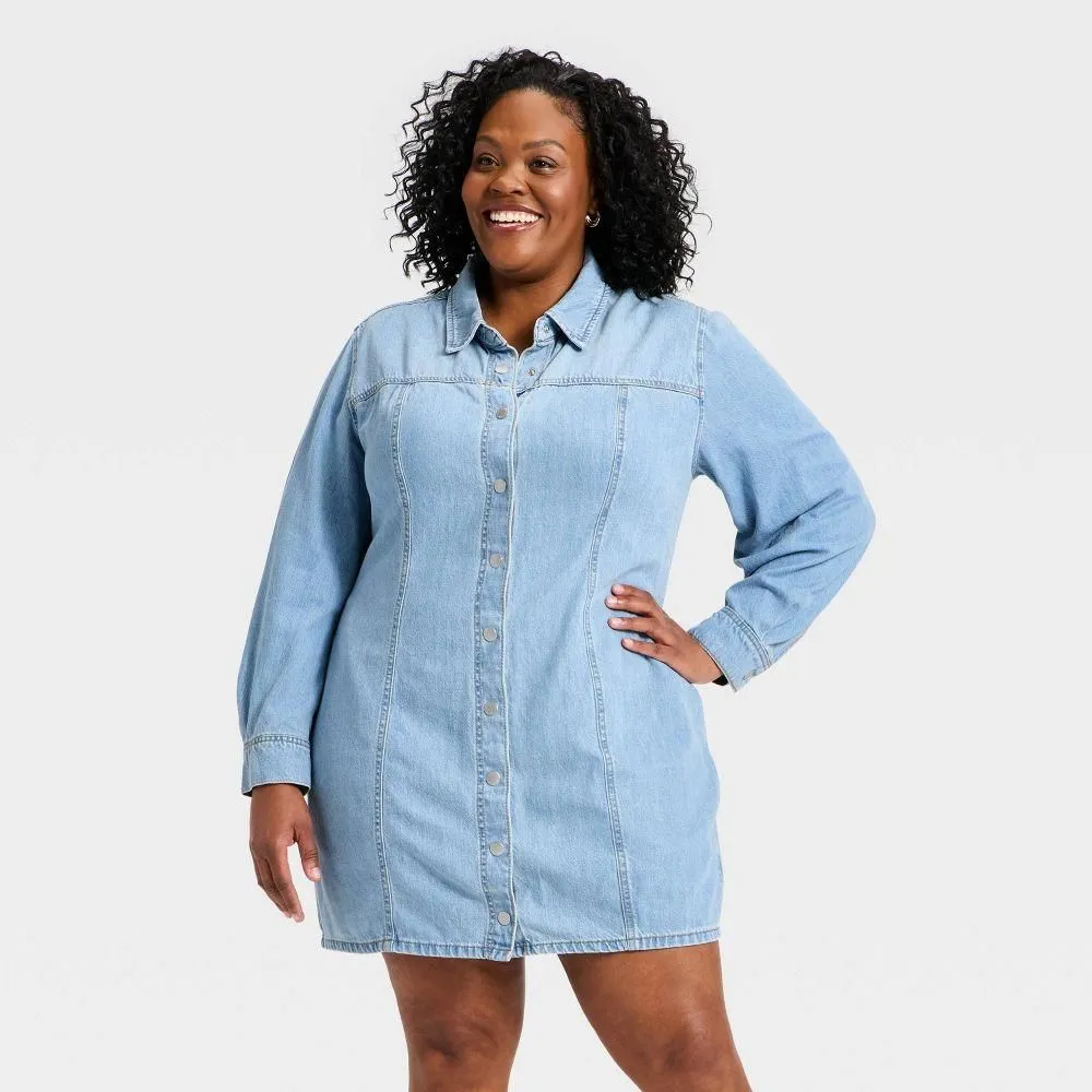 New without Tags - Women's Long Sleeve Mini Denim Shirtdress - Universal Thread Light Wash 17