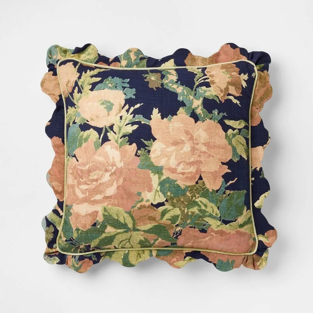 New without box - Square Floral Bloom with Scallop Flange Throw Pillow Navy - Threshold designed