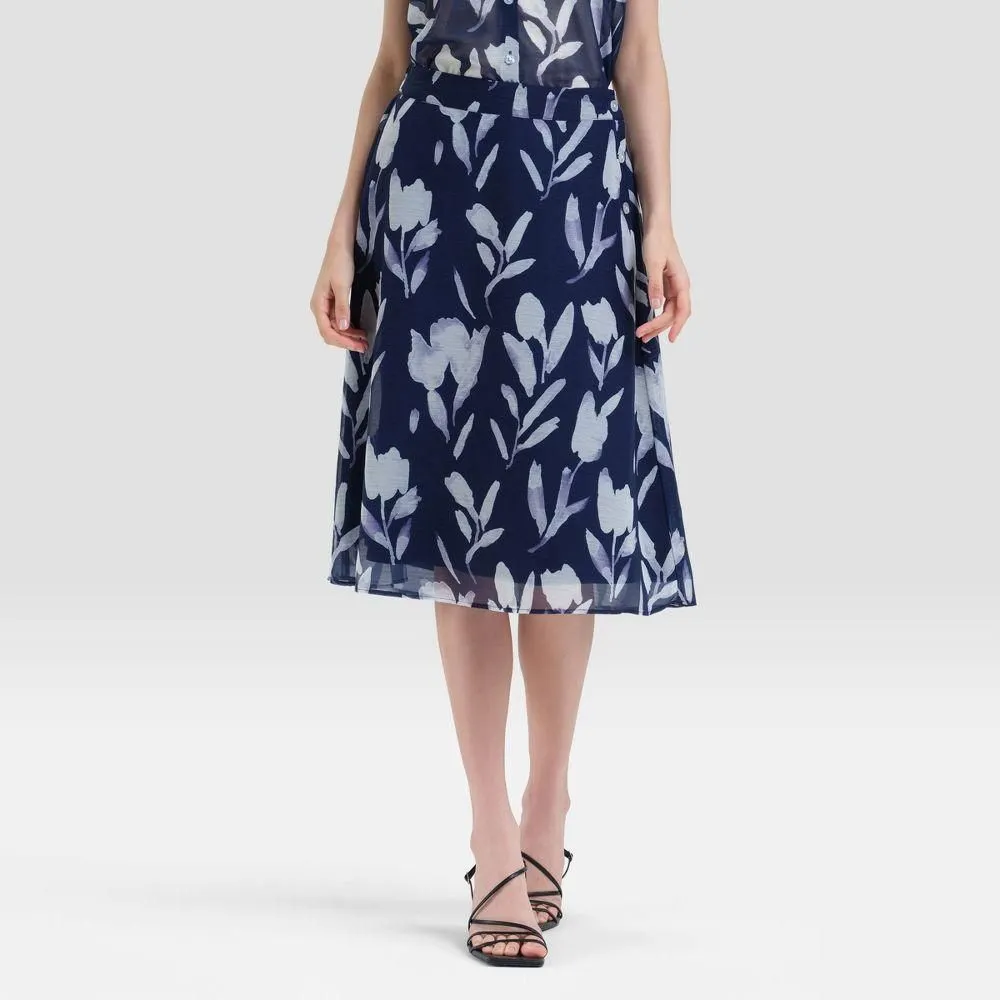 New without Tags - Women's Mid-Rise Side-Button Midi Skirt - A New Day White/Navy Blue Floral