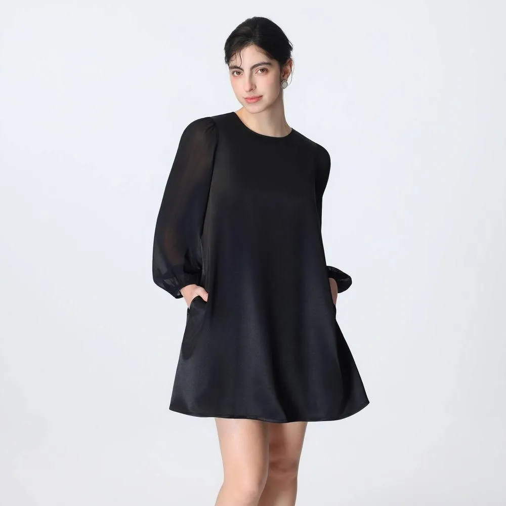 New without Tags - Women's Balloon Long Sleeve Satin Swing Dress - A New Day Black