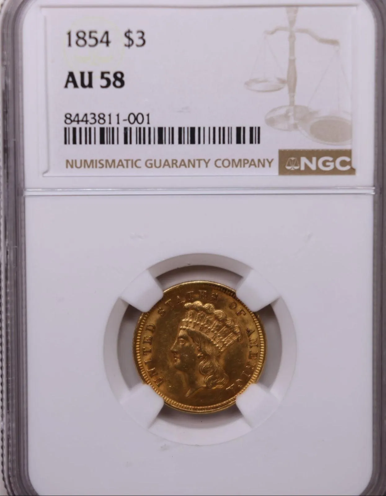 1854 $3 Gold Indian Princess Head, NGC AU-58, Store Sale #G004.
