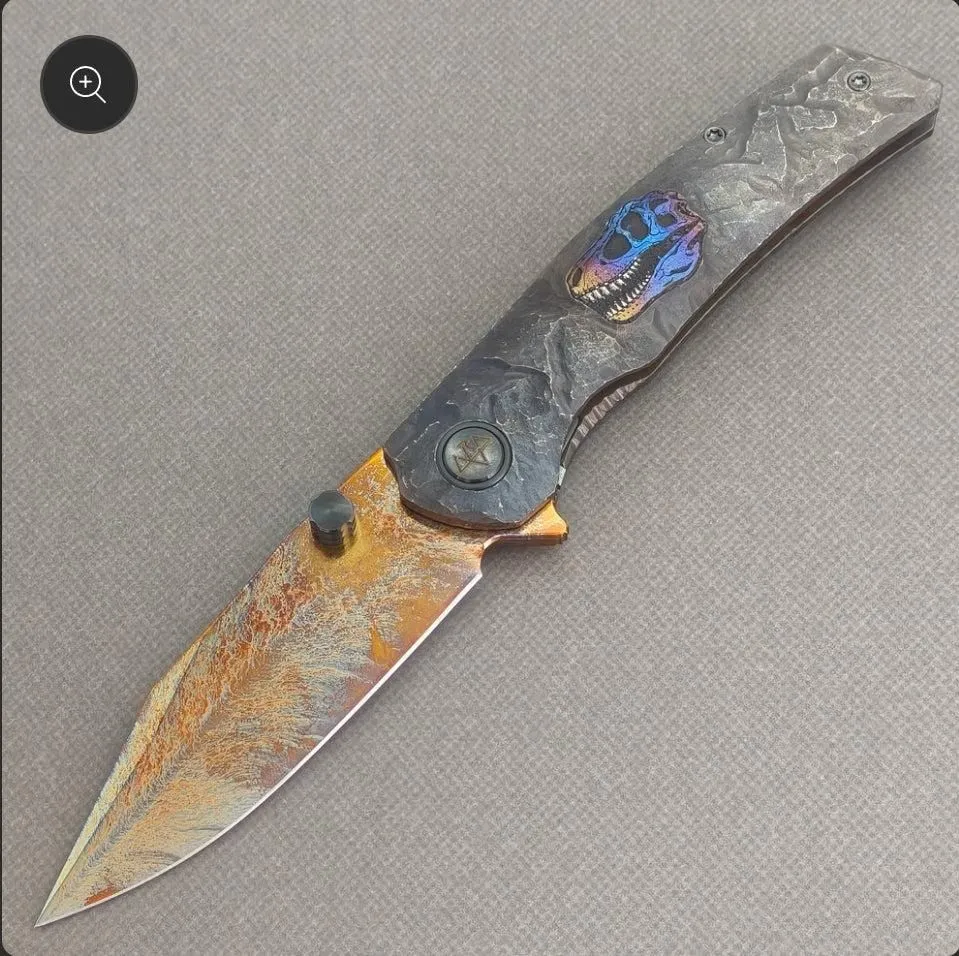 VORIXN "Skull Ember" (3.8" M390 Blade) Hand-Engraved & Anodized Titanium Handle Flipper & Thumb Stud Folding Knife - KB122