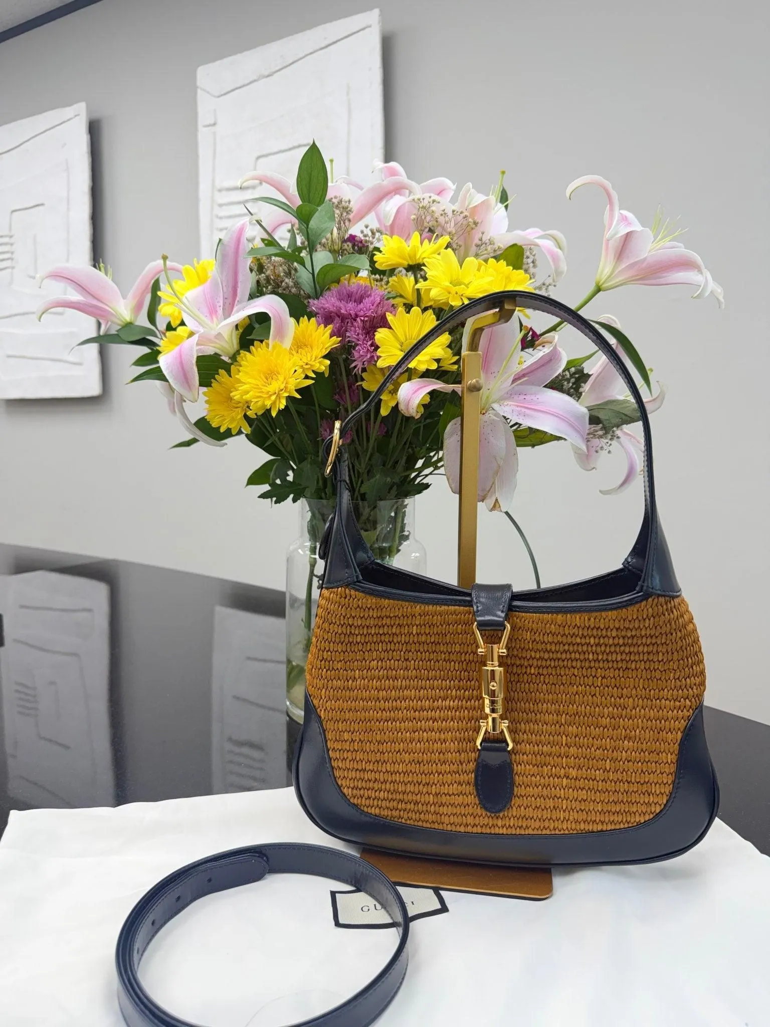 LIKE NEW - Gucci Navy Leather And Raffia Jackie 1961 Shoulder Bag