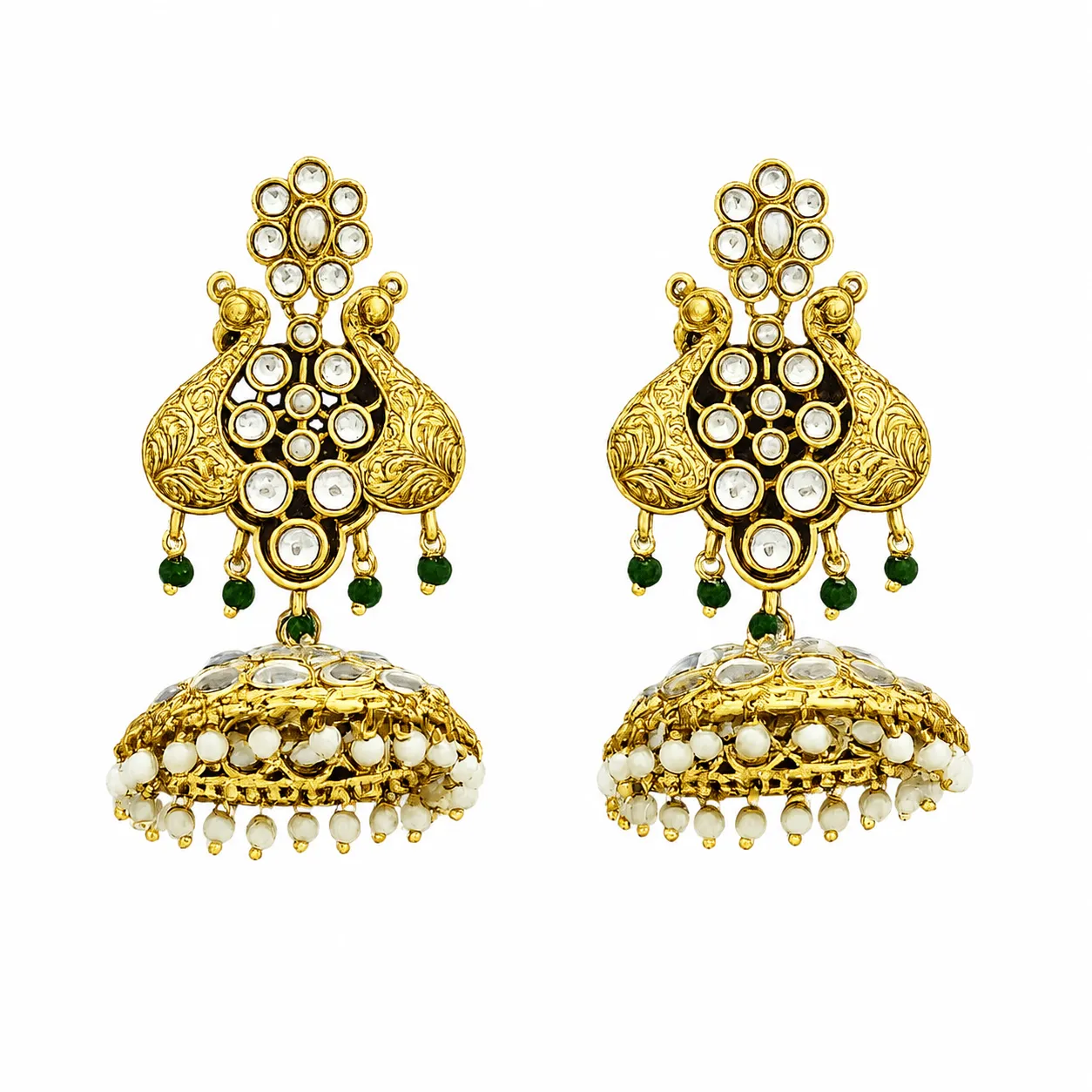 Aveline Gold-Tone Emerald & Pearl Jhumka Earrings | Jaipur Rose Indian Jewelry Kerala Jewelry USA