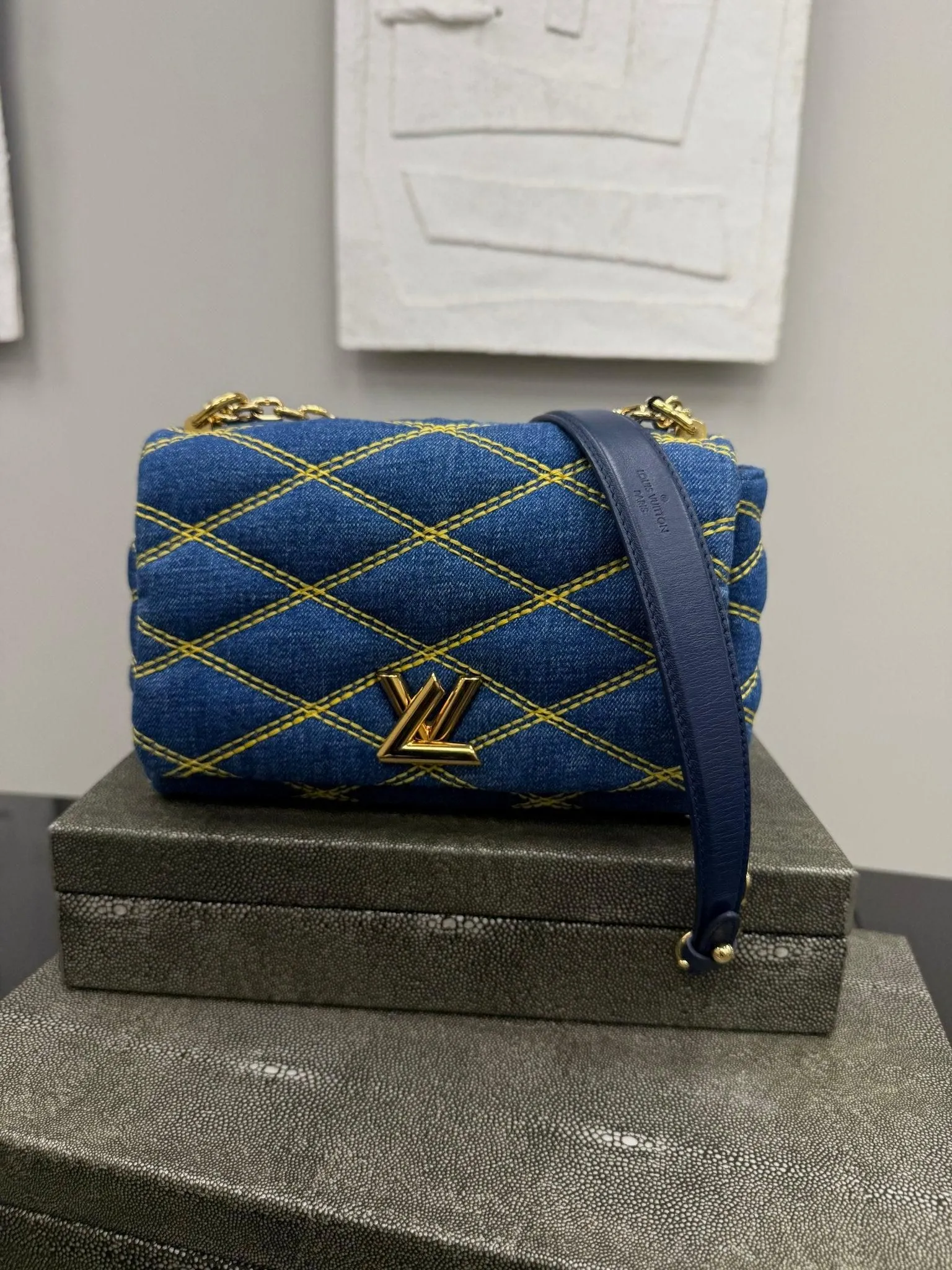 Louis Vuitton Blue Denim Yellow Stitching GO-14 PM Malletage Chain Shoulder Bag
