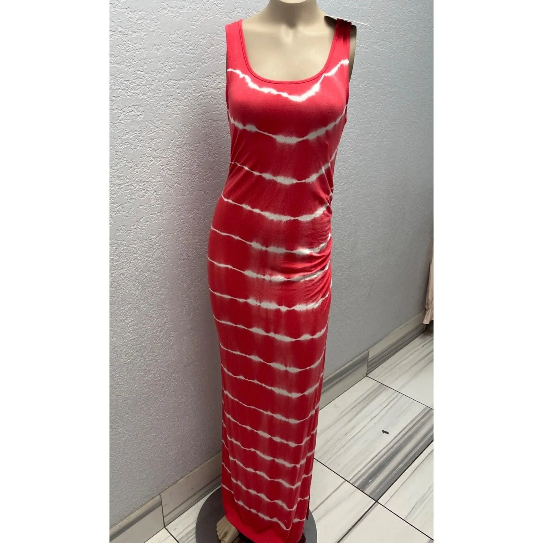 #1108 Isabel Maternity Size XS Red & White Tie-Dye Maxi Tank Dress