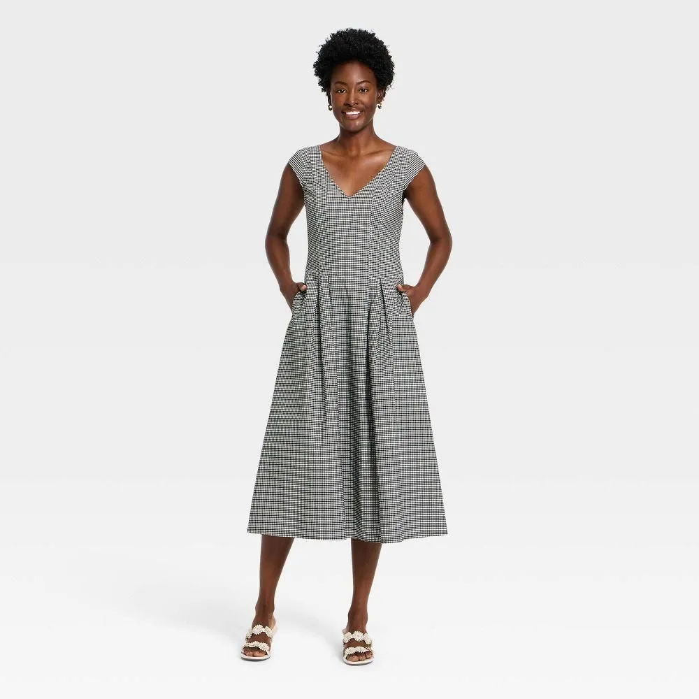 New without Tags - Size: L - Women's Short Sleeve Corset Midi Dress - A New Day Black/White Gingham