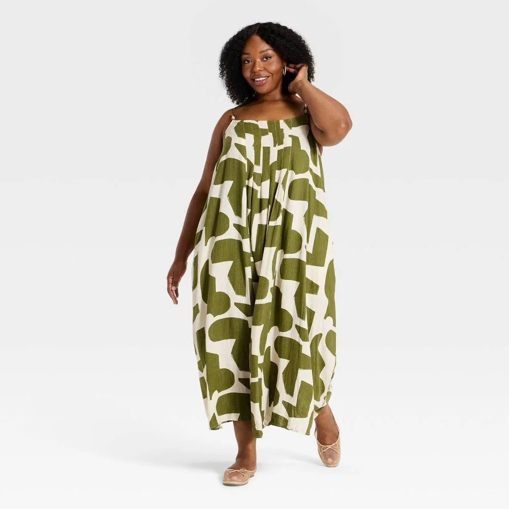 New without Tags - Women's Flowy Midi Tank Dress - Ava & Viv Green Abstract 3X
