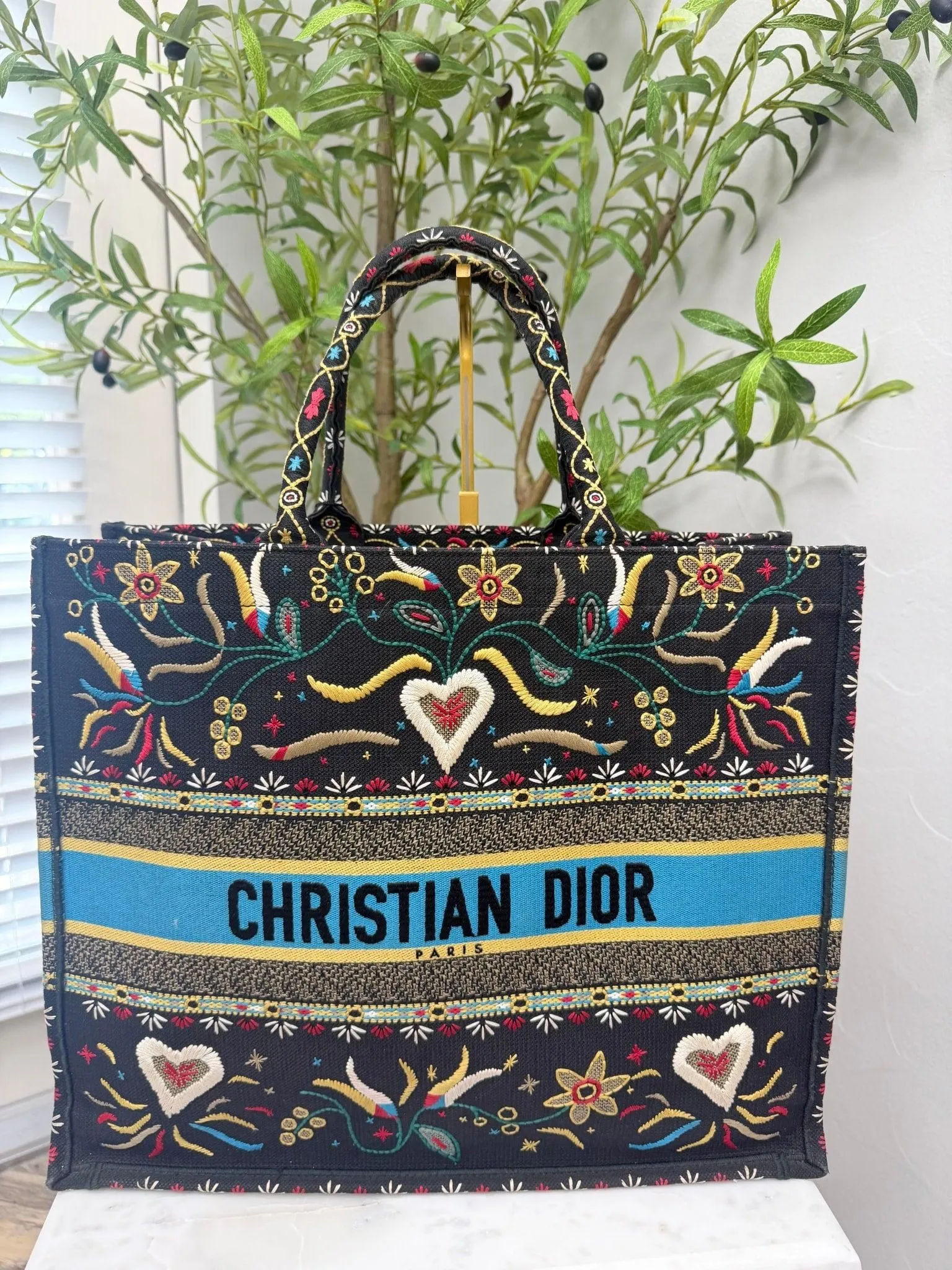 Christian Dior Black Multicolor Embroidered Canvas Book Tote