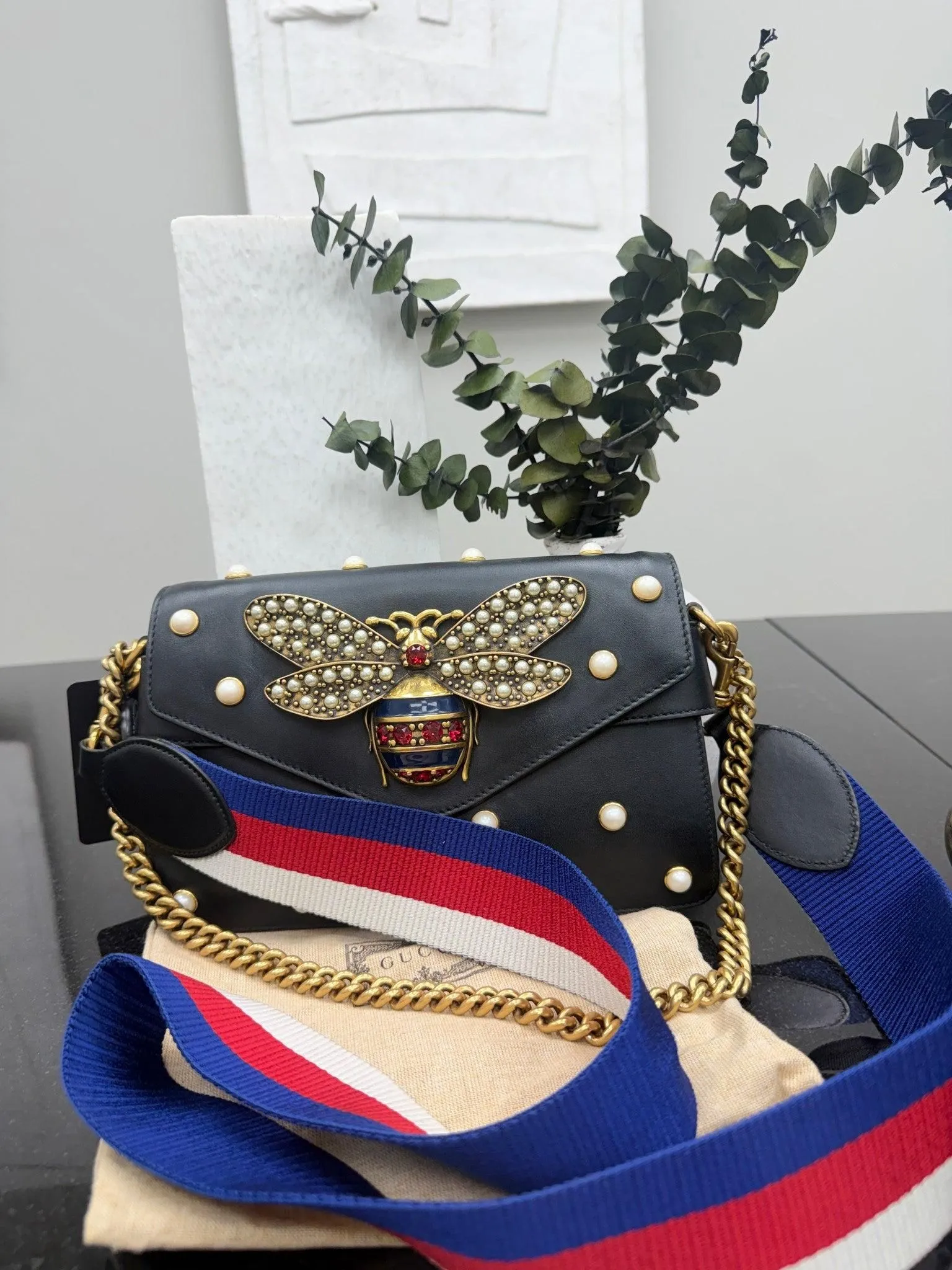 Gucci Black Calfskin Leather Pearl Studded Queen Margaret Bee Mini Shoulder Bag