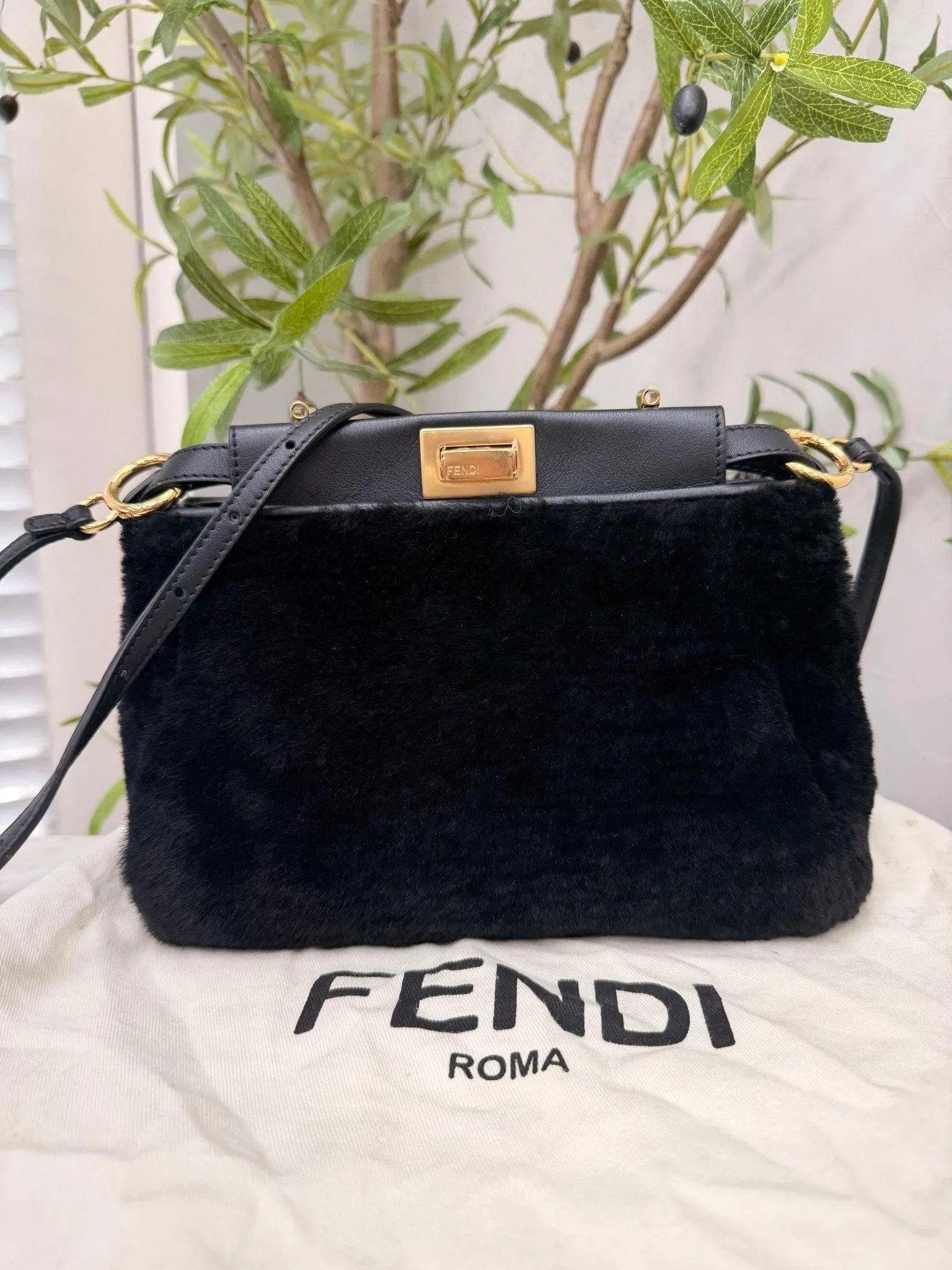 LIKE NEW - Fendi Black Shearling & Leather Petite Peek-A-Boo Bag