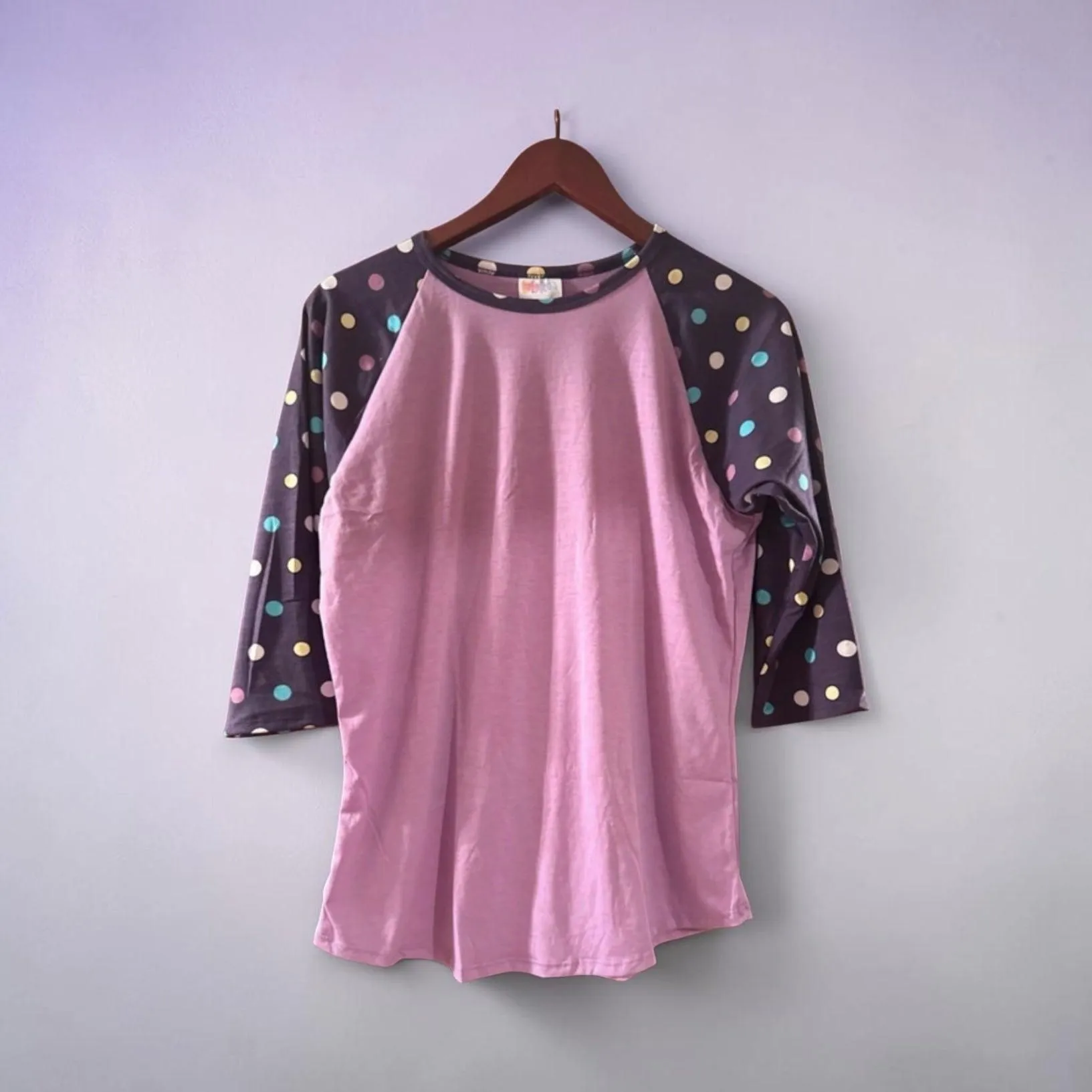 LuLaRoe Lavender & Navy Polka Dot Raglan Top