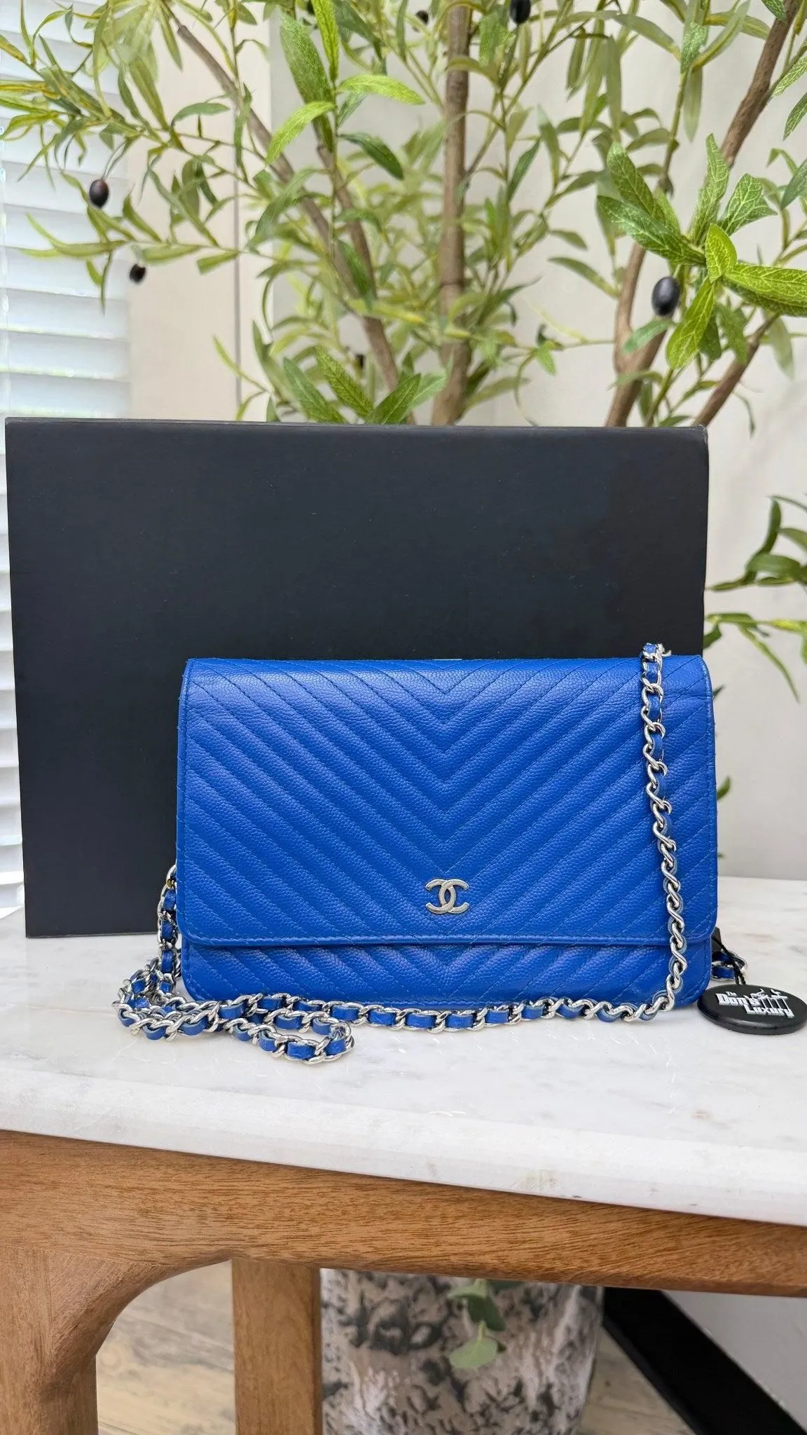 Chanel Royal Blue Quilted Chevron Caviar Leather Wallet on a Chain