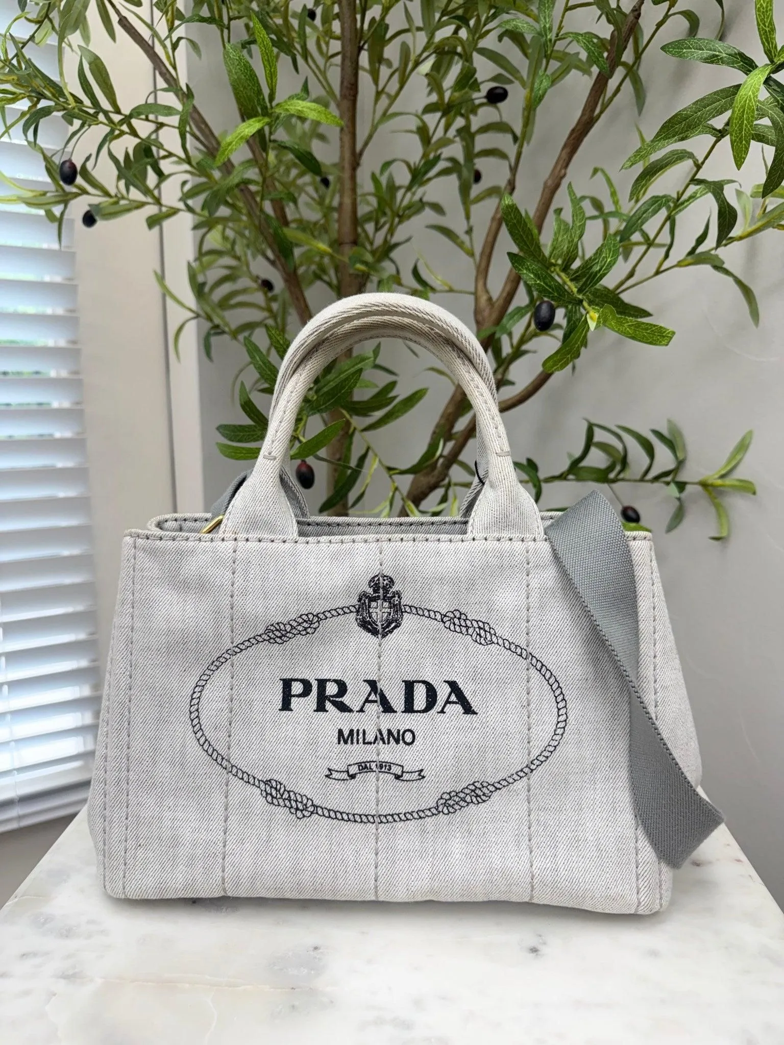 Prada Grey Denim Canapa 2Way Small Tote bag
