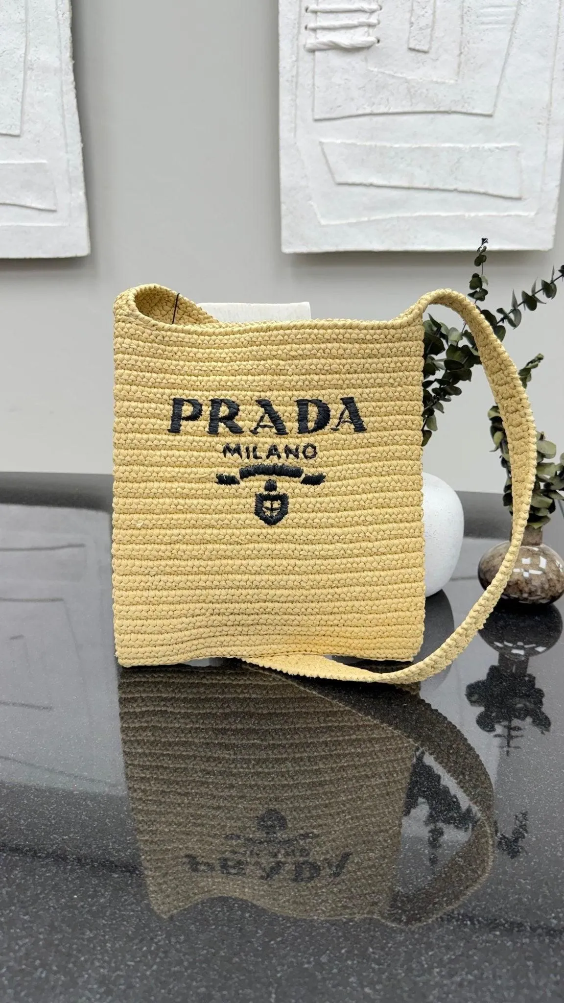 Prada Raffia Effect Crochet Shoulder Tote Bag