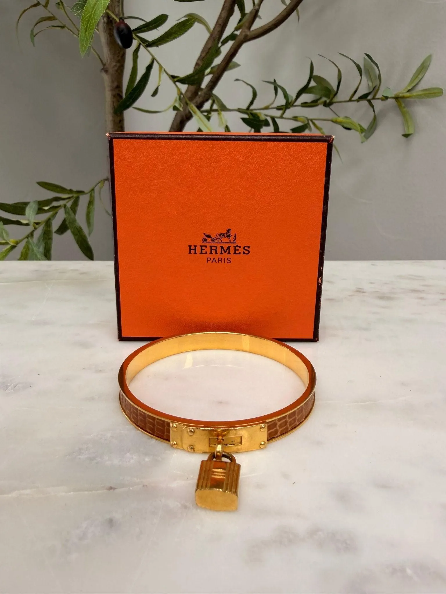 Hermes Brown & Gold Lizard skin Kelly H Cadena Bangle