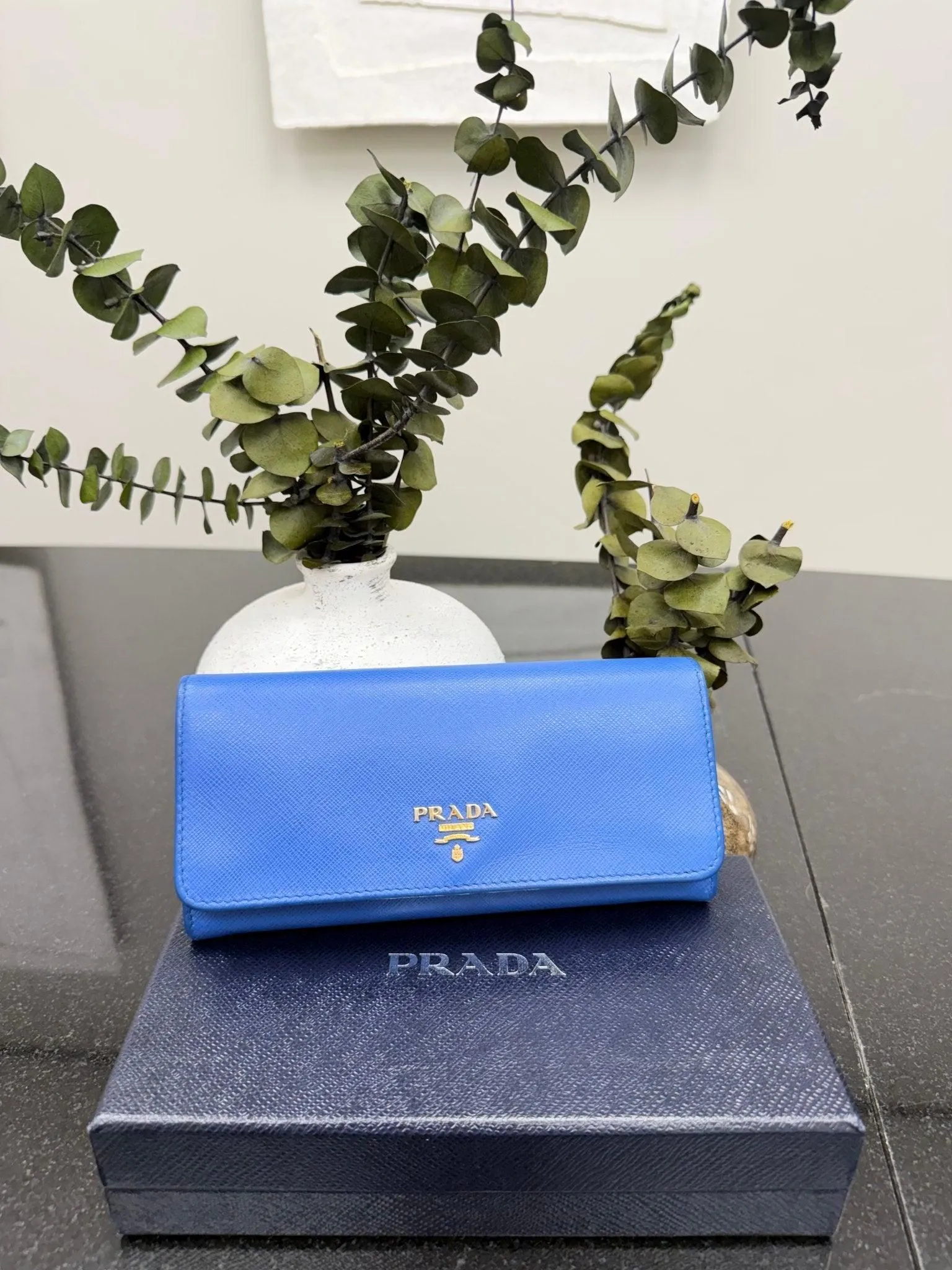 Prada Blue Saffiano Leather Flap Long Wallet