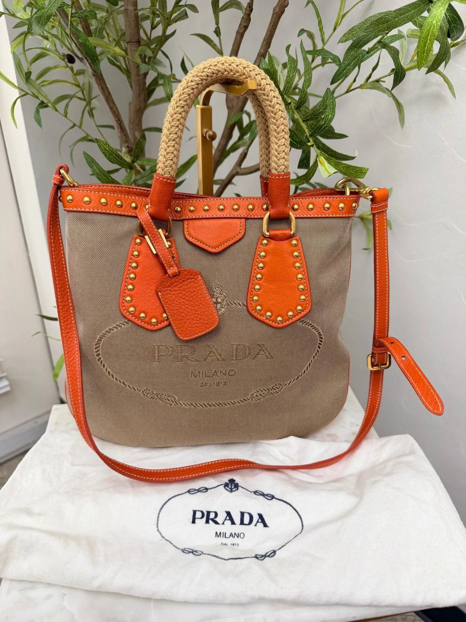 Prada Beige Canvas And Orange Leather 2Way Tote Bag