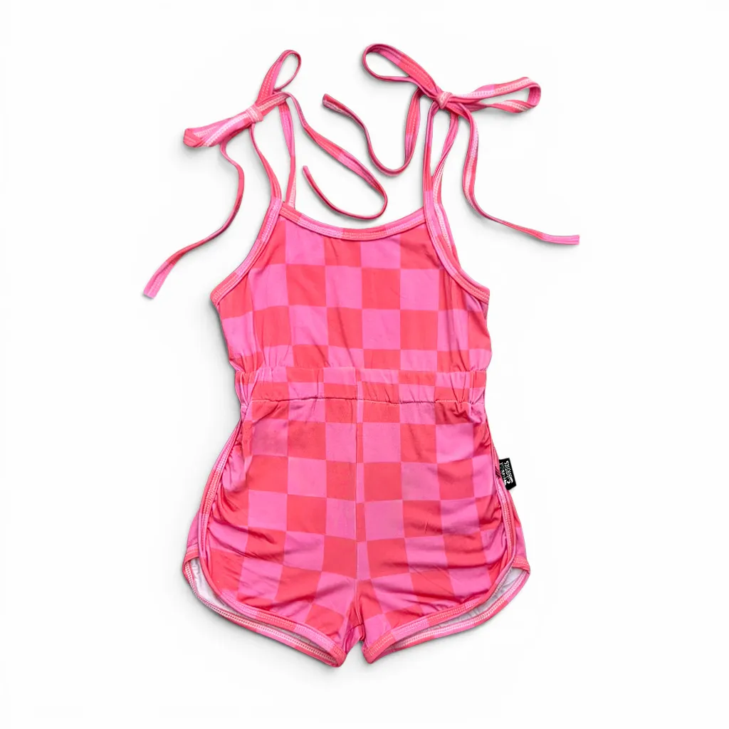 Summer Checks | Tie Shoulder Romper **SIZE UP!**
