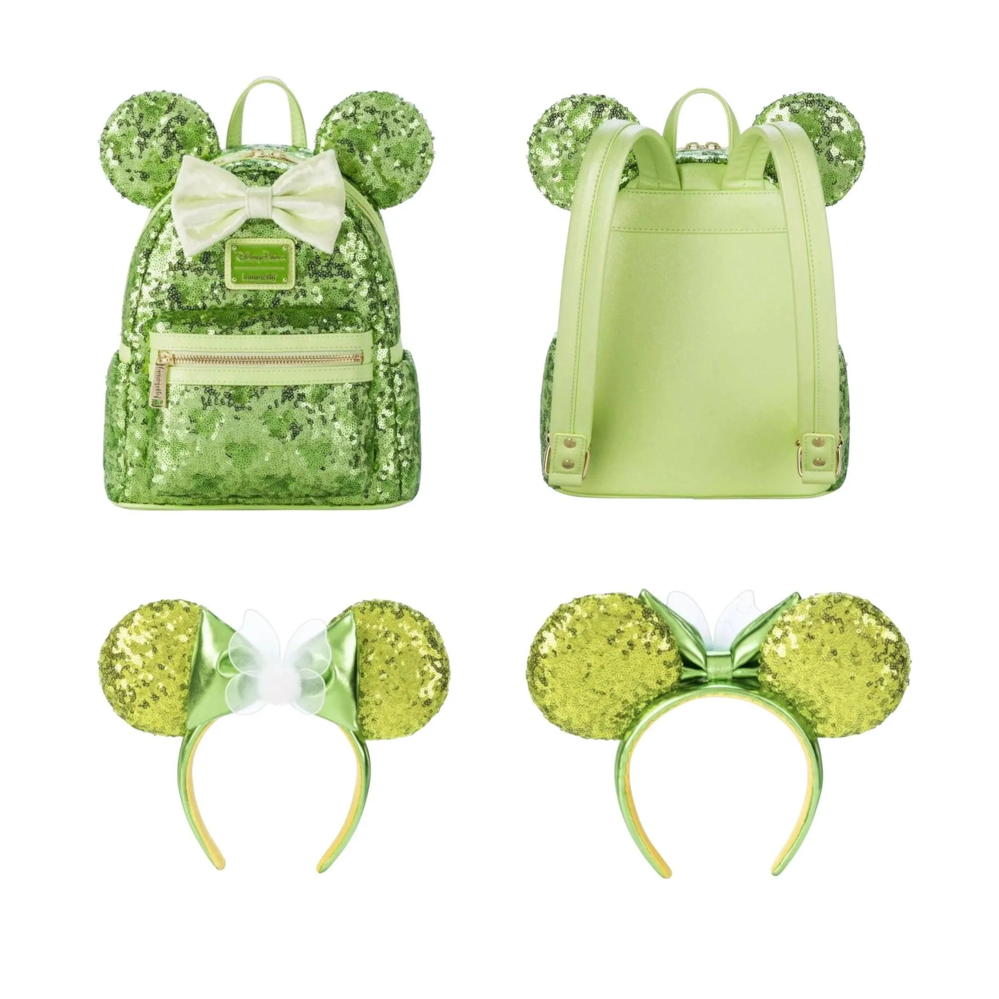 Loungefly Vault Disney Parks Minnie Mouse Sequin Tinkerbell Green Backpack & Ears Set