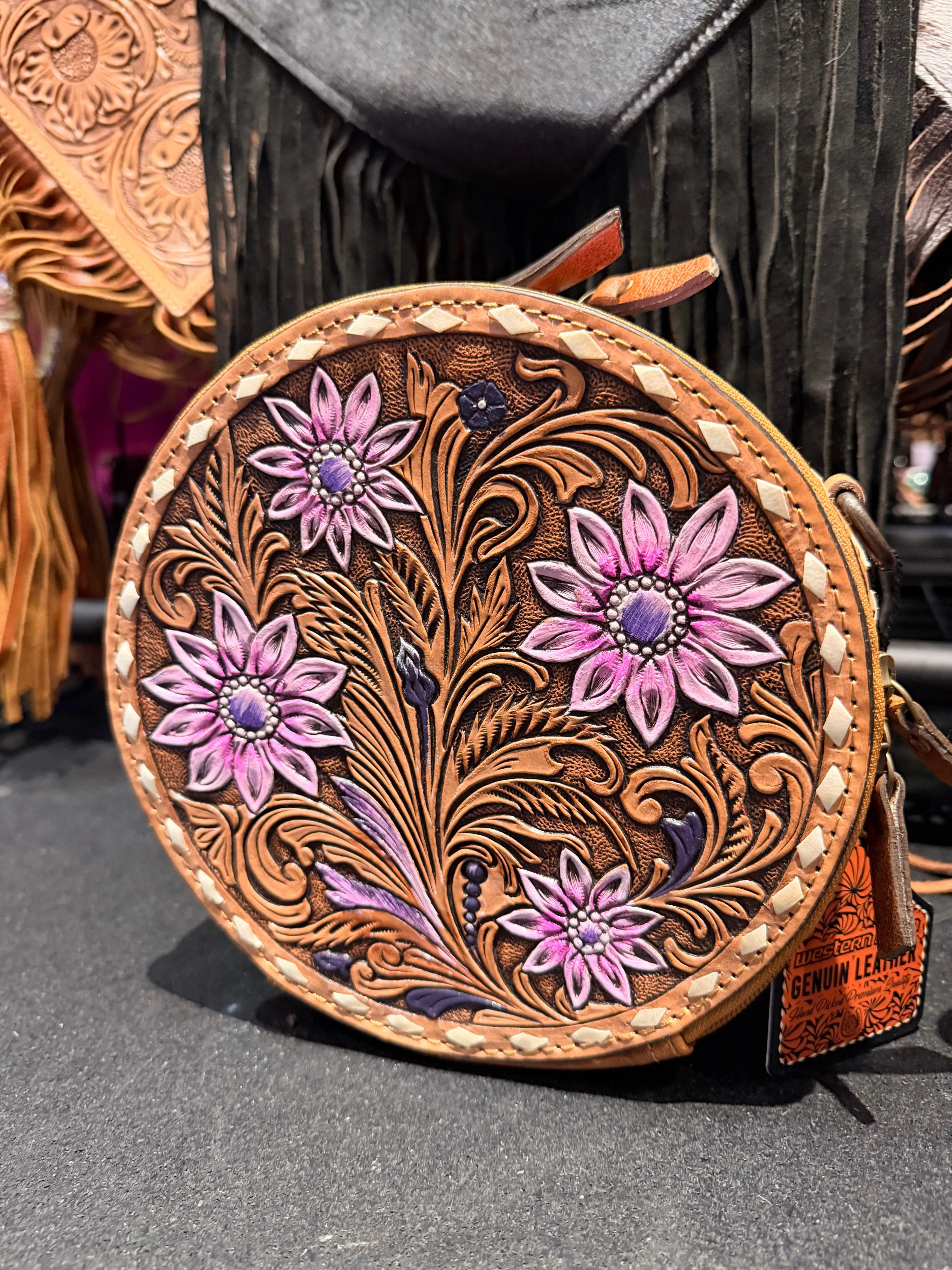 Genuine leather hand tooled and hand painted pink flower canteen purse