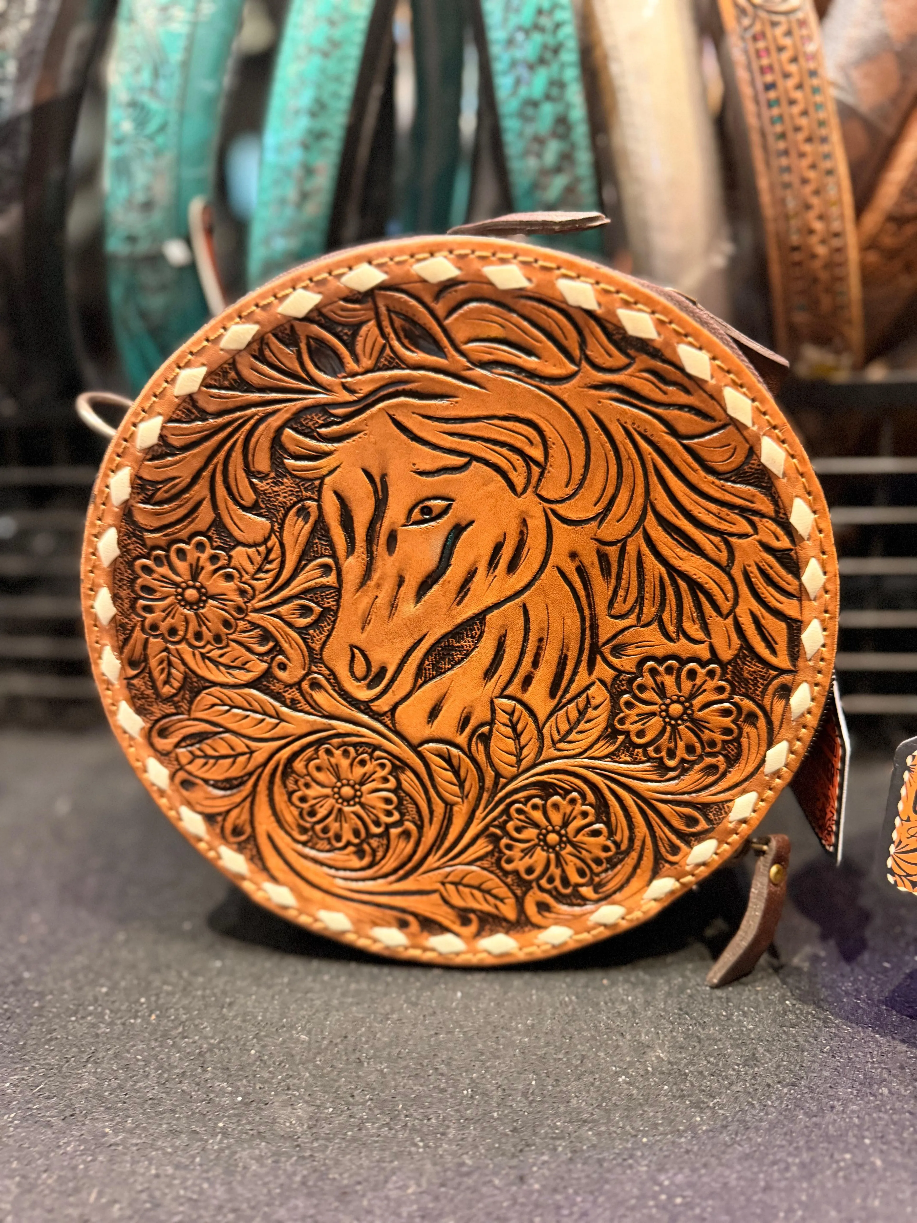 Genuine leather hand tooled horse canteen