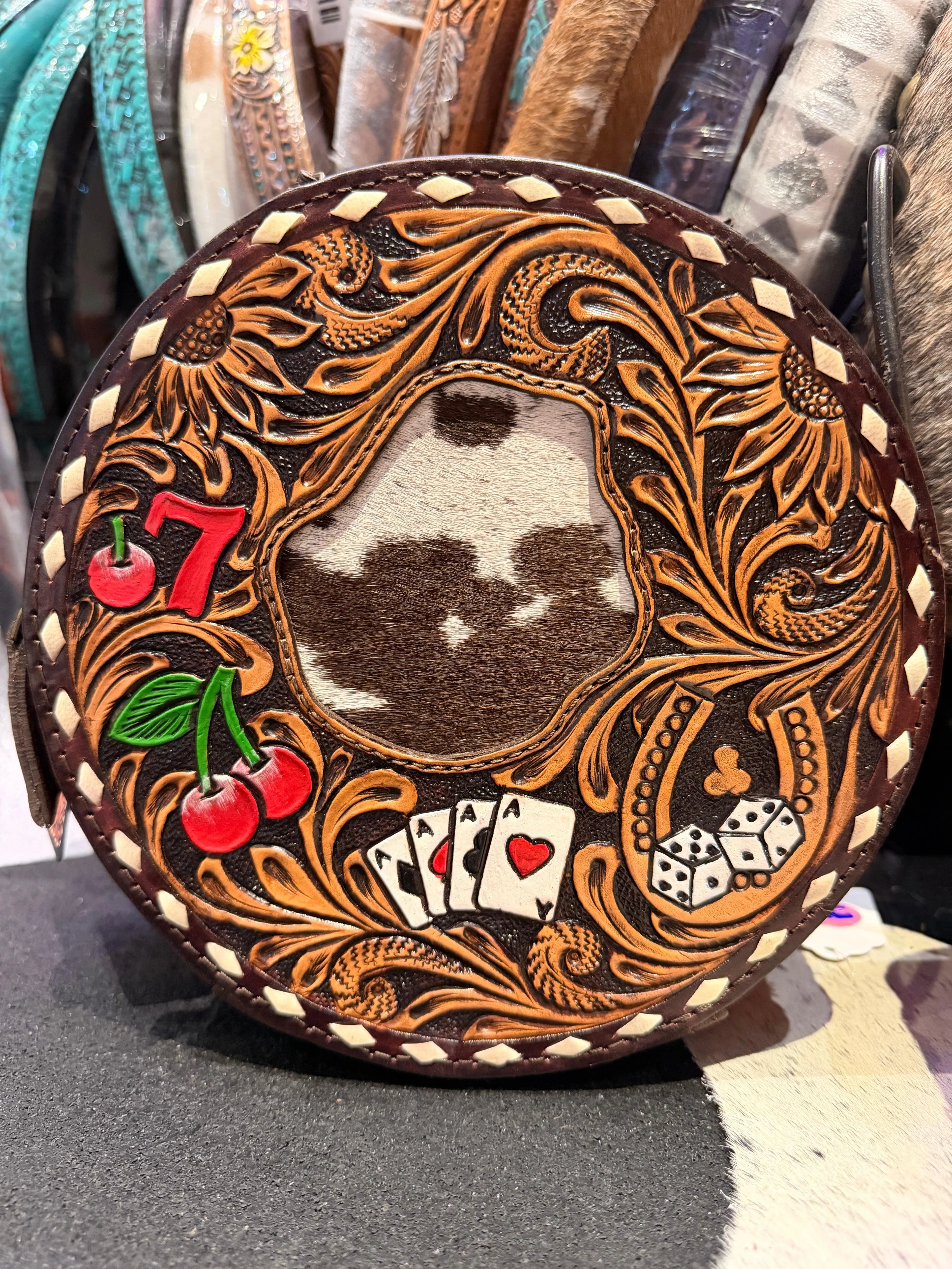 Genuine leather hand tooled and painted poker canteen with hide