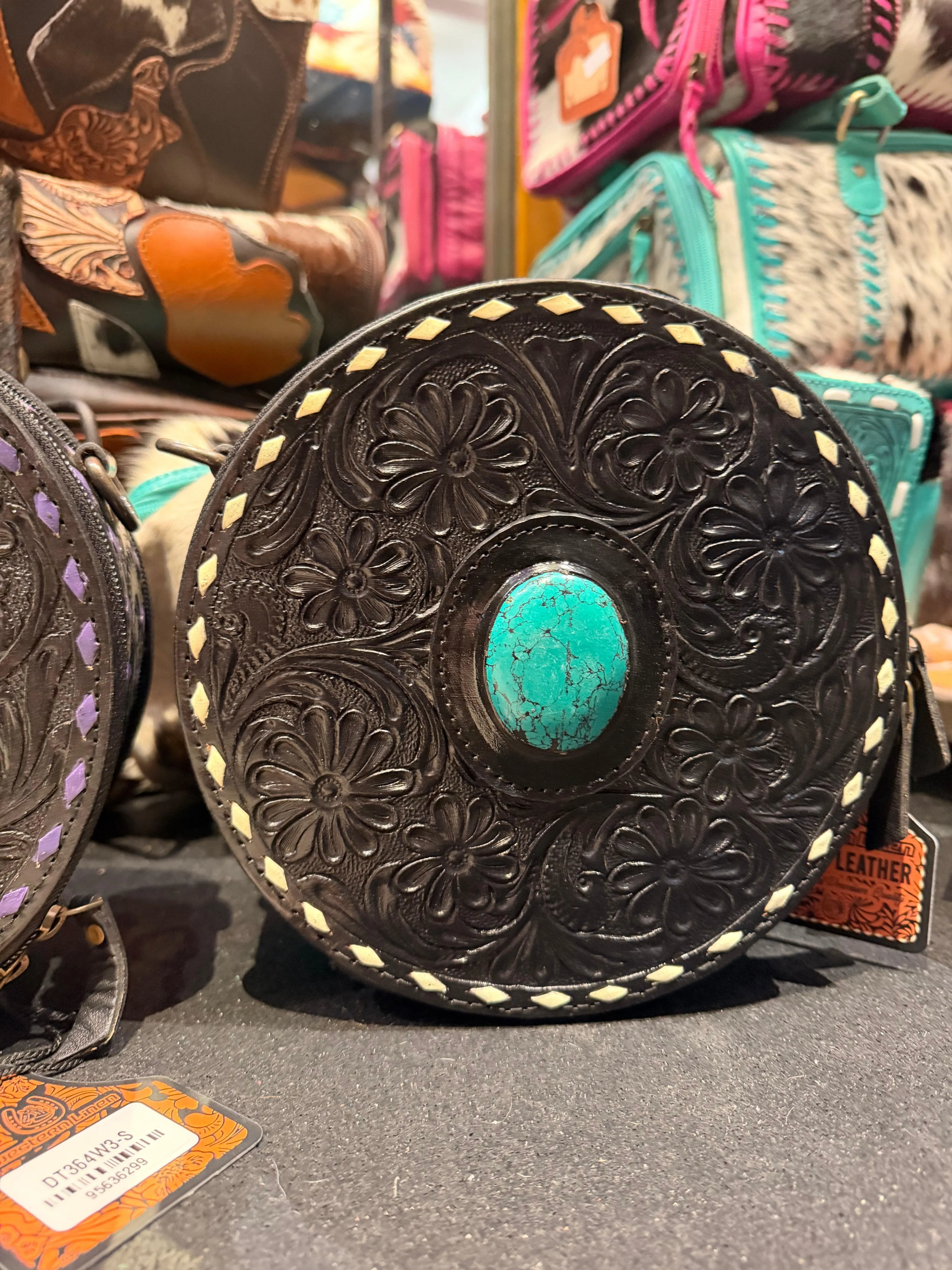 Genuine leather hand tooled canteen black purse with stone and white stitch