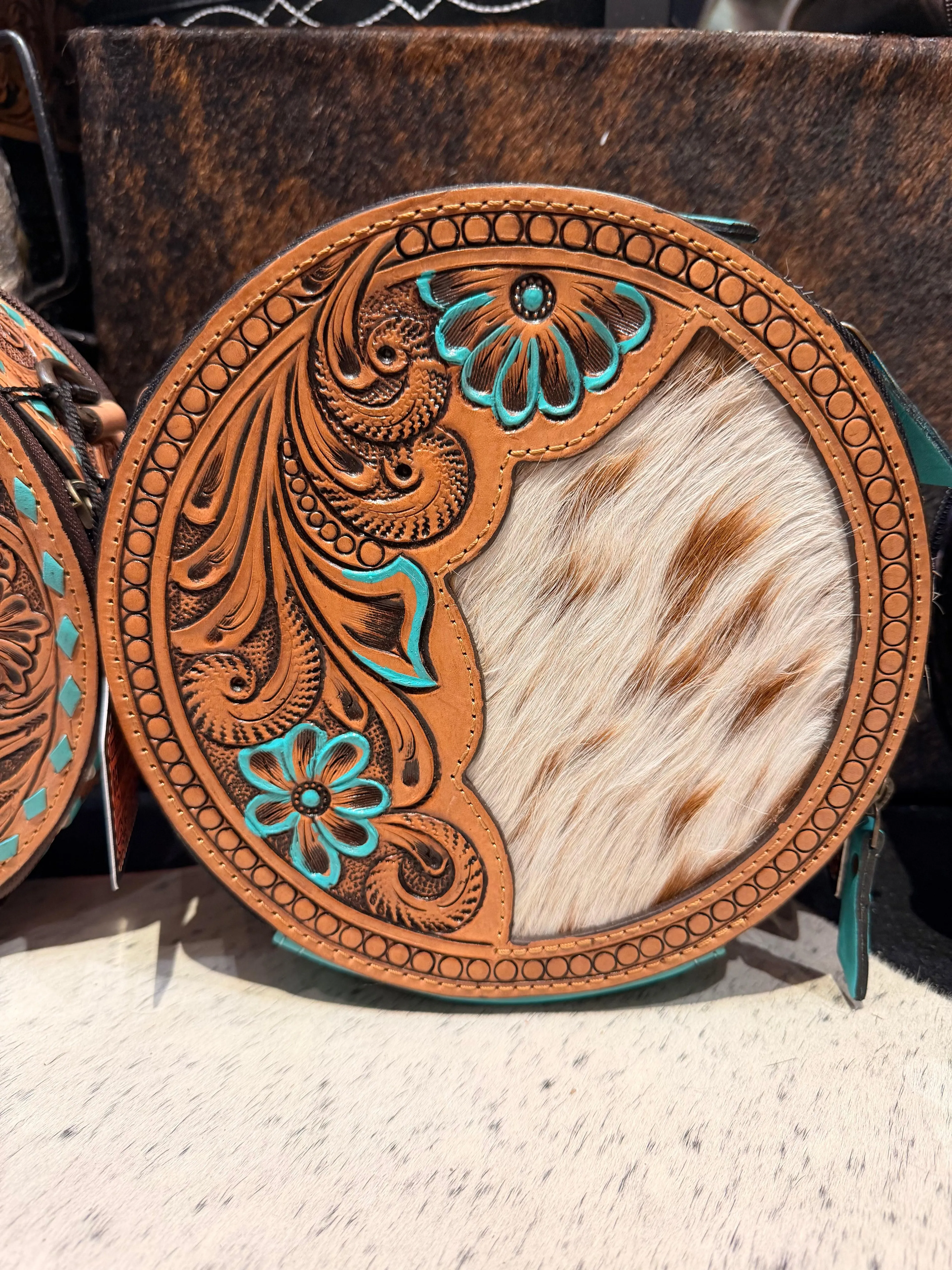 Genuine leather hand tooled canteen purse with cowhide