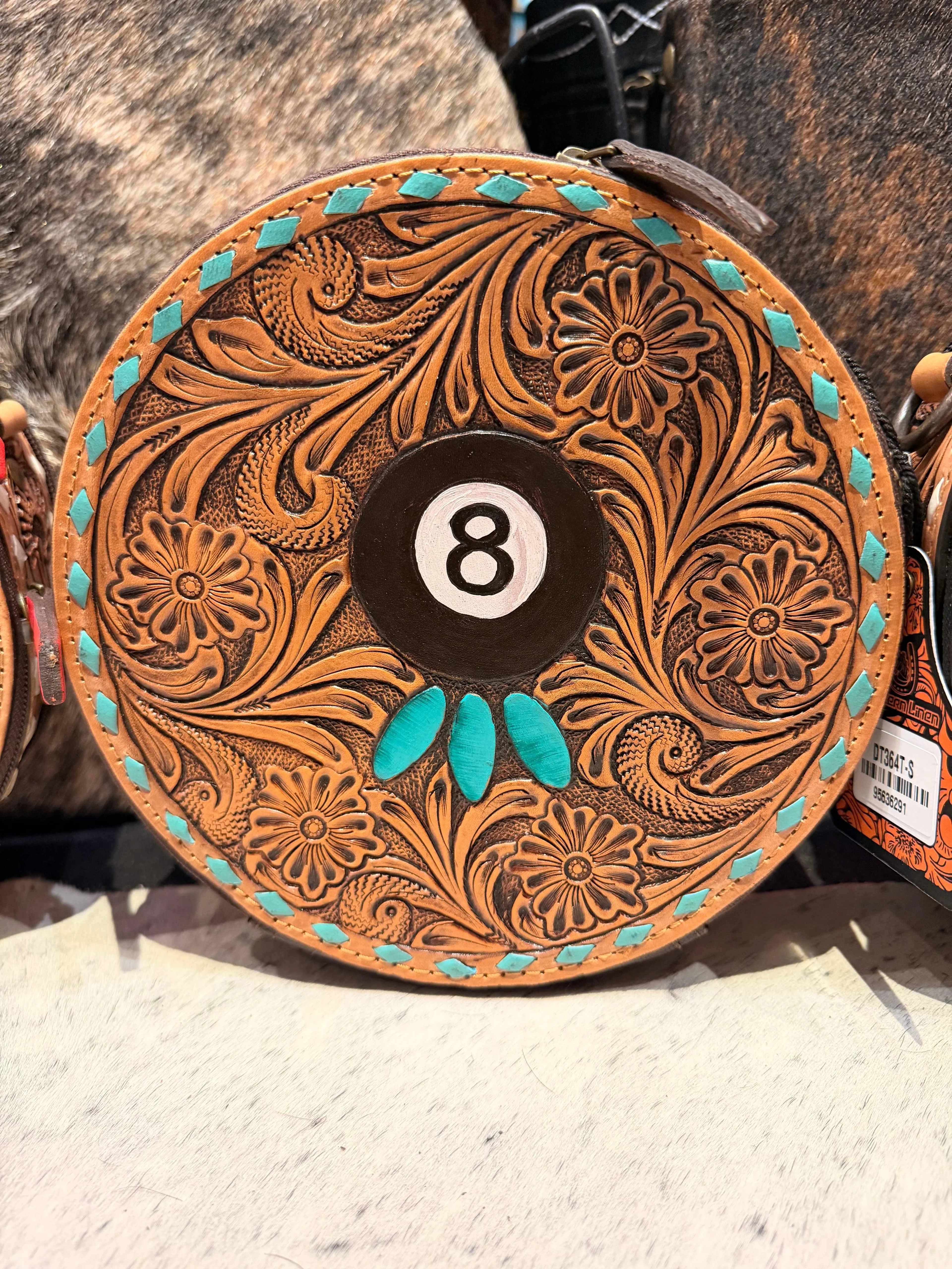 Genuine leather hand tooled canteen purse with hand painted 8 ball