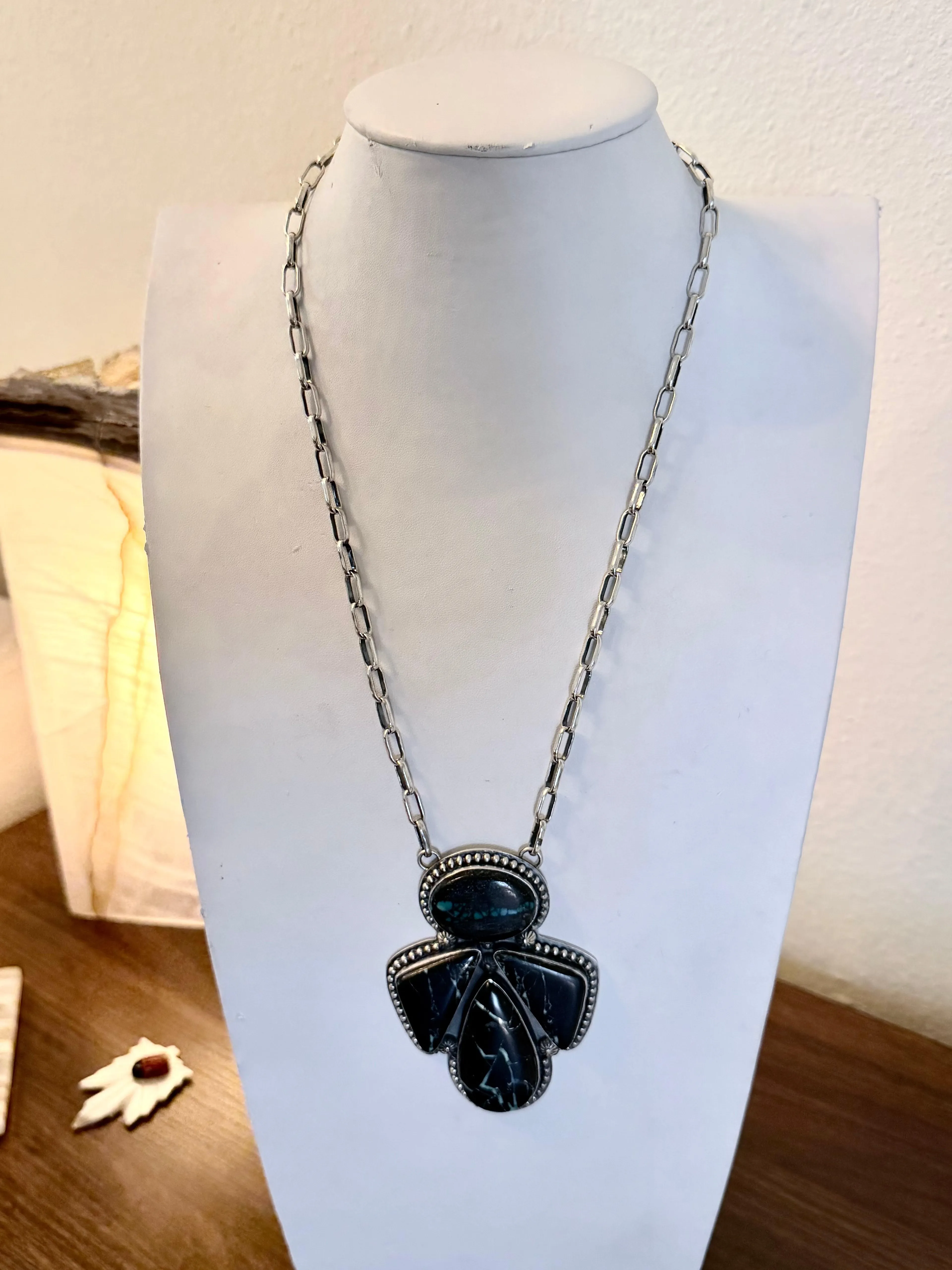 KEVIN BILLAH NATIVE HANDMADE BLACKJACK TURQUOISE ANGEL NECKLACE 24" (ELW 17)