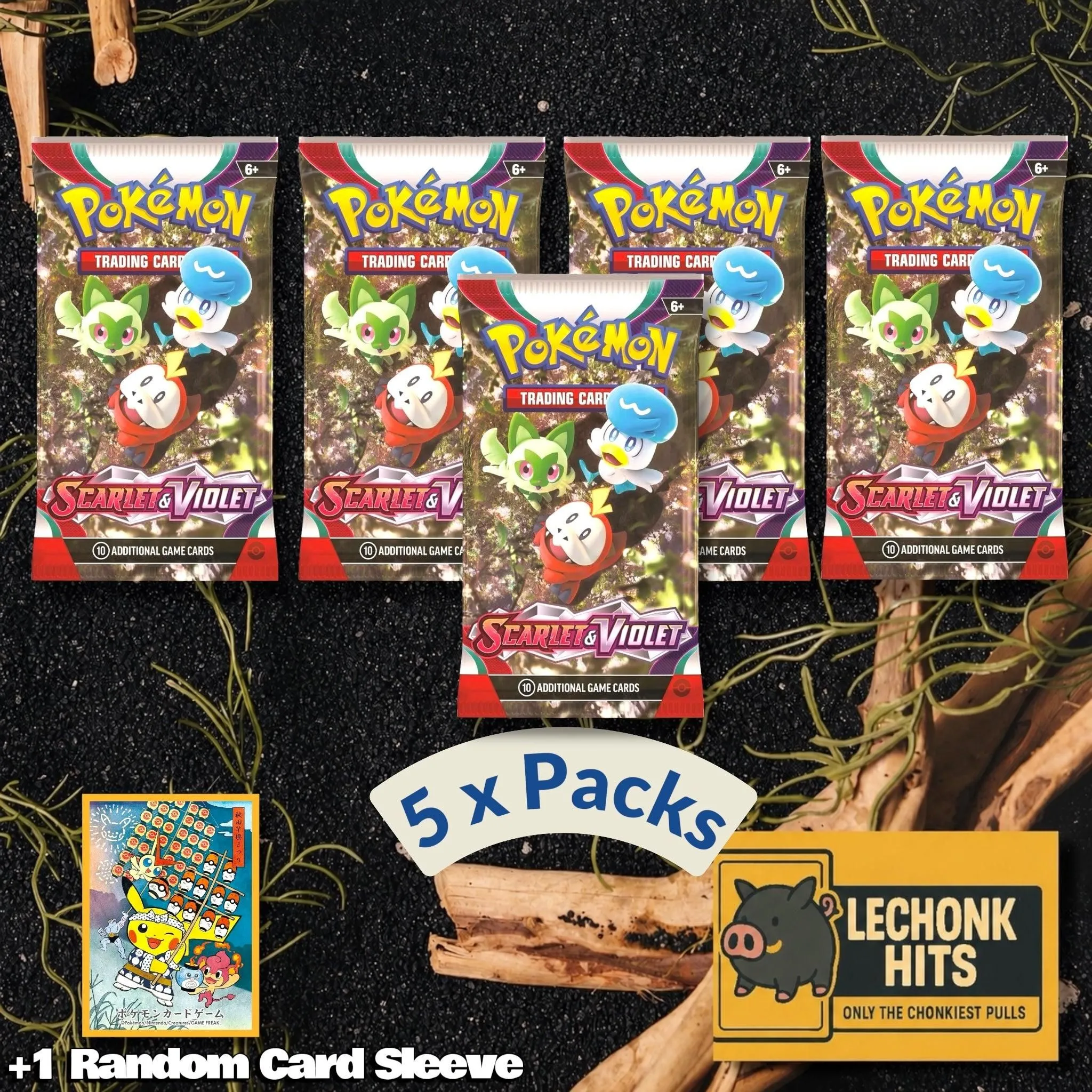5 Pack Scarlet Violet Base Set Pokemon Booster Pack + 1 Random Card Sleeve