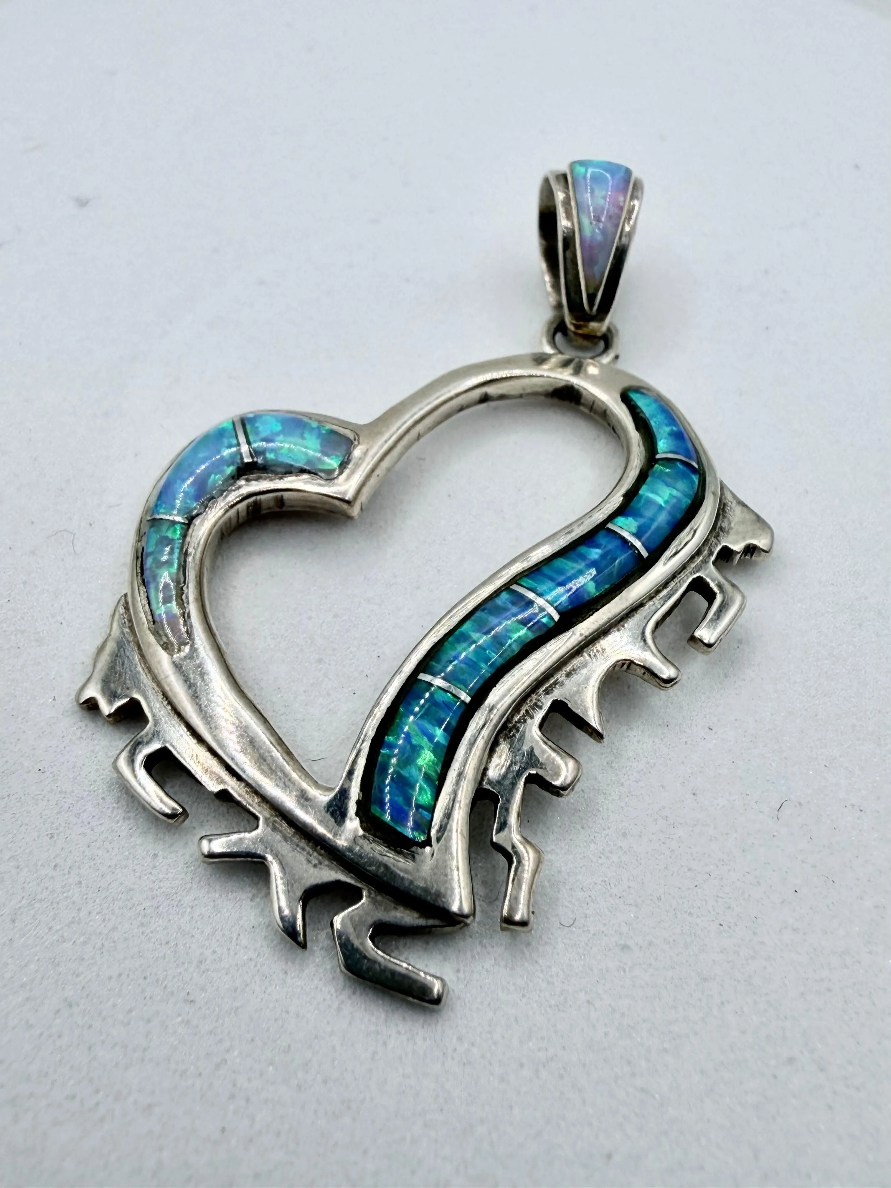 NATIVE HANDMADE BLUE SPIDER OPAL HEART PENDANT BY LMN (ELW 20)