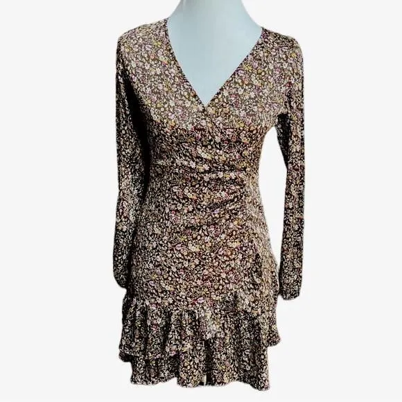 Product image for Zara Floral Draped Ruffle Mini Dress Brown Size Small