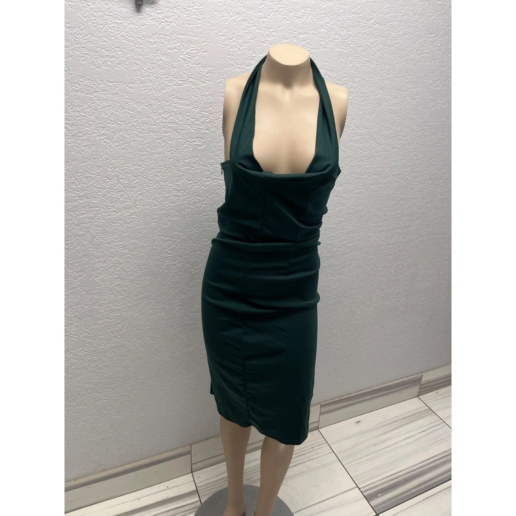 #1043 Dark Teal Halter Ruched Midi Dress