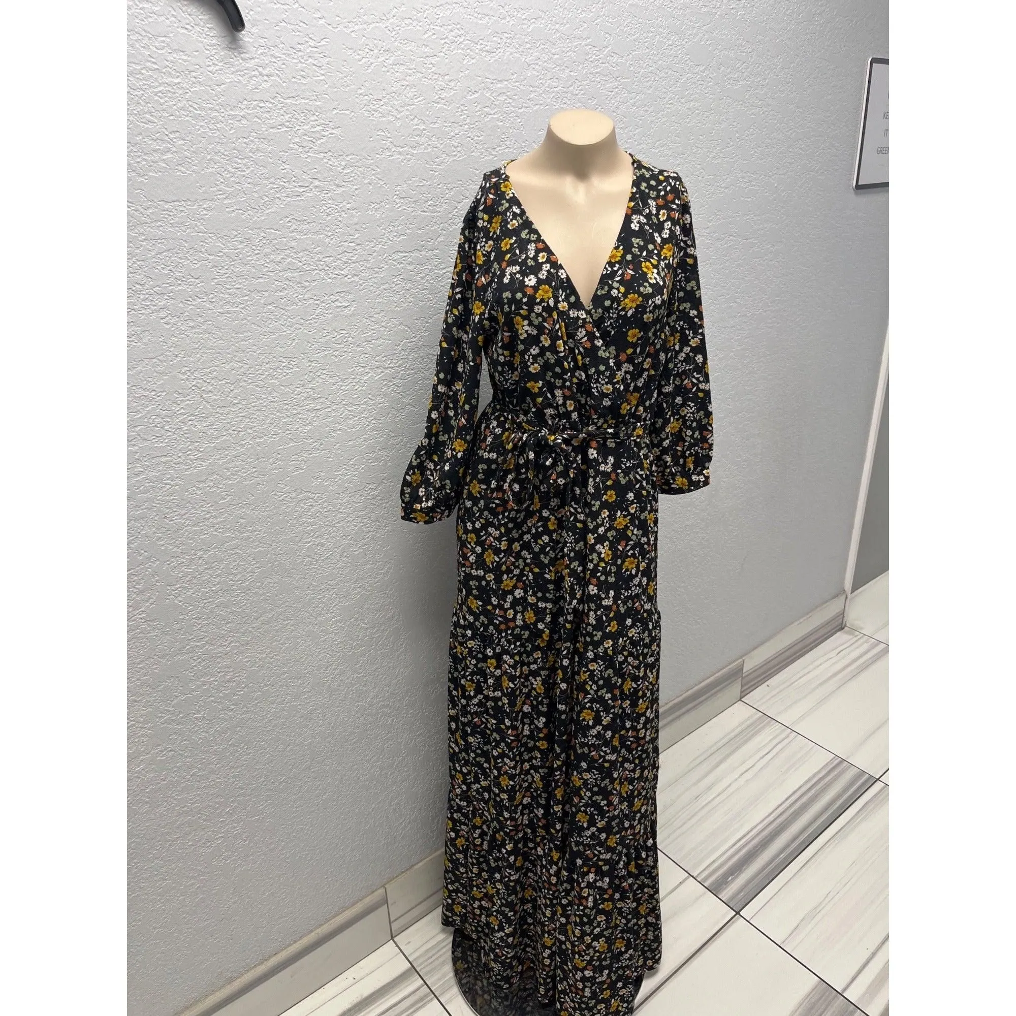 #1128 Orange Creek Size S Black Floral Long Sleeve Maxi Dress with Smocked Waist
