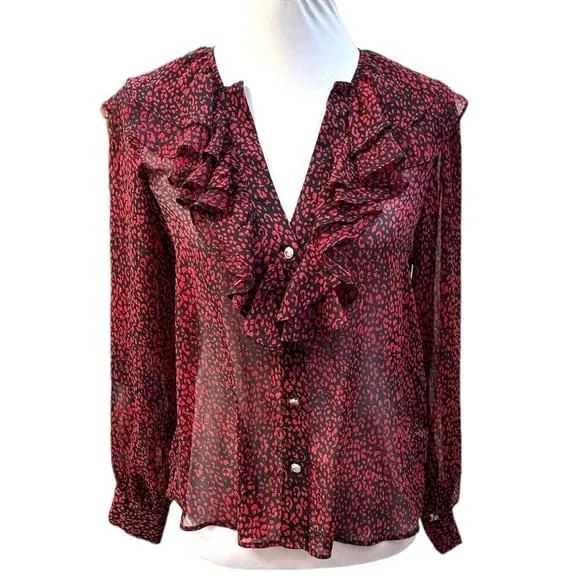 Product image for Zara Animal Print Ruffle Sheer Button Down Blouse Red Black Silver Size Small