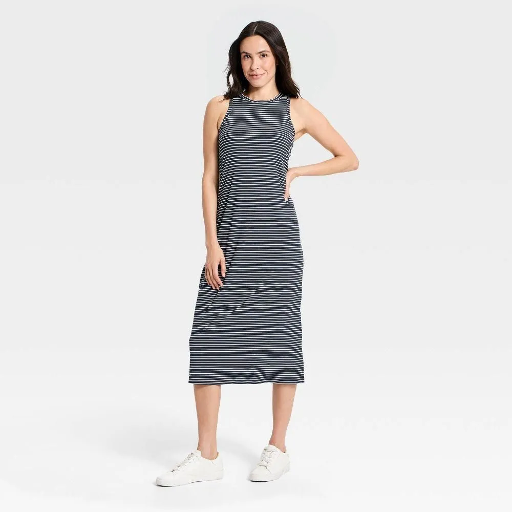 New without Tags - Size: XXL - Women's Modal Ribbed Midi Dress - All In Motion Navy Blue Striped