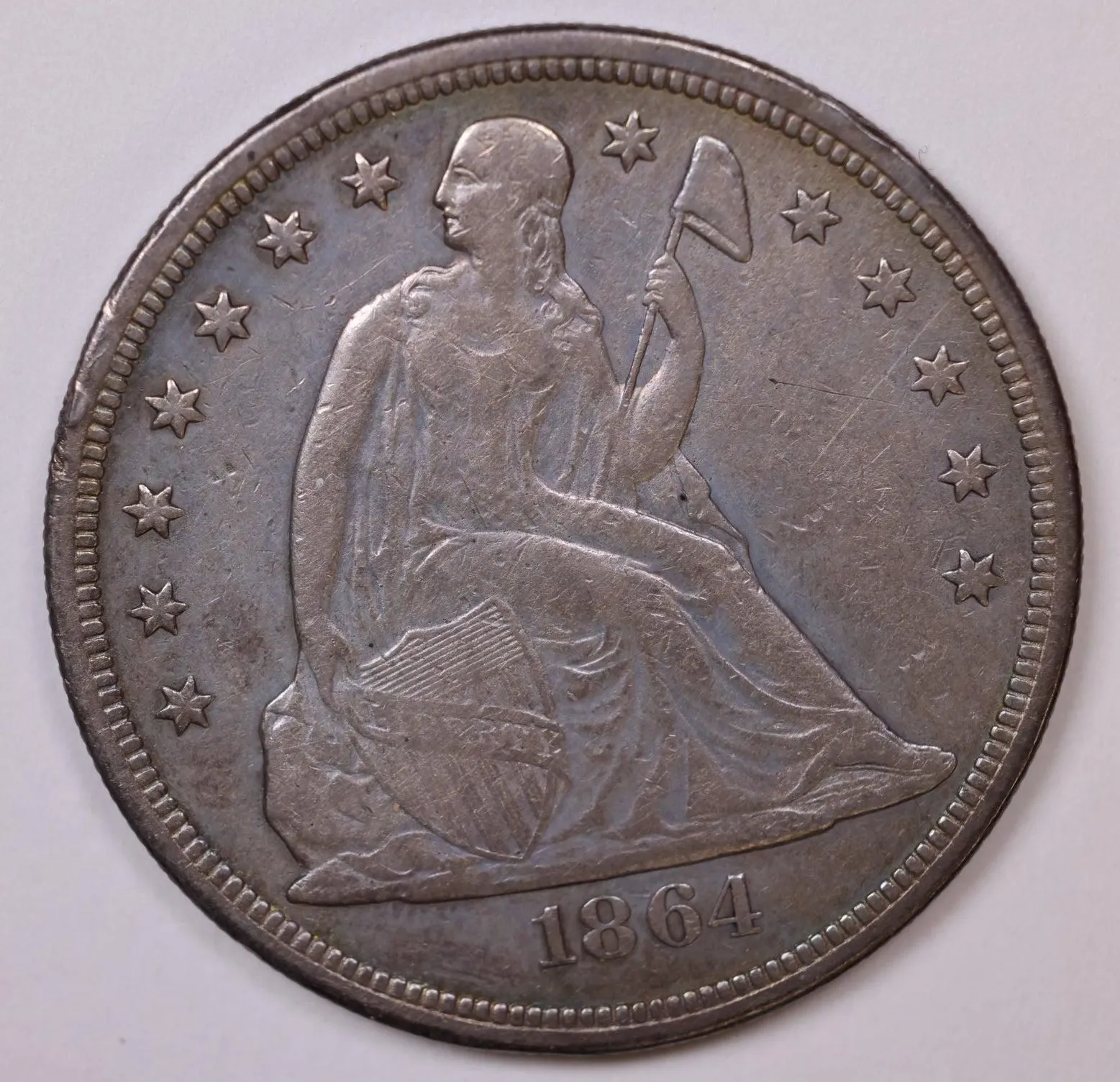 1864 Liberty Seated Silver Dollar, Very Fine Plus Coin, Store Sale #DR028.