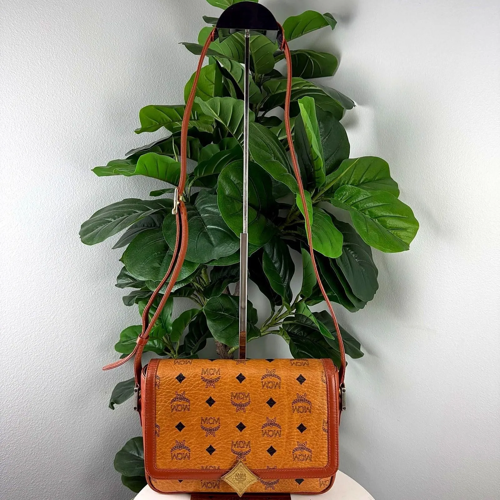 Authentic Vintage MCM Cognac Visetos Coated Canvas Rolled Clutch