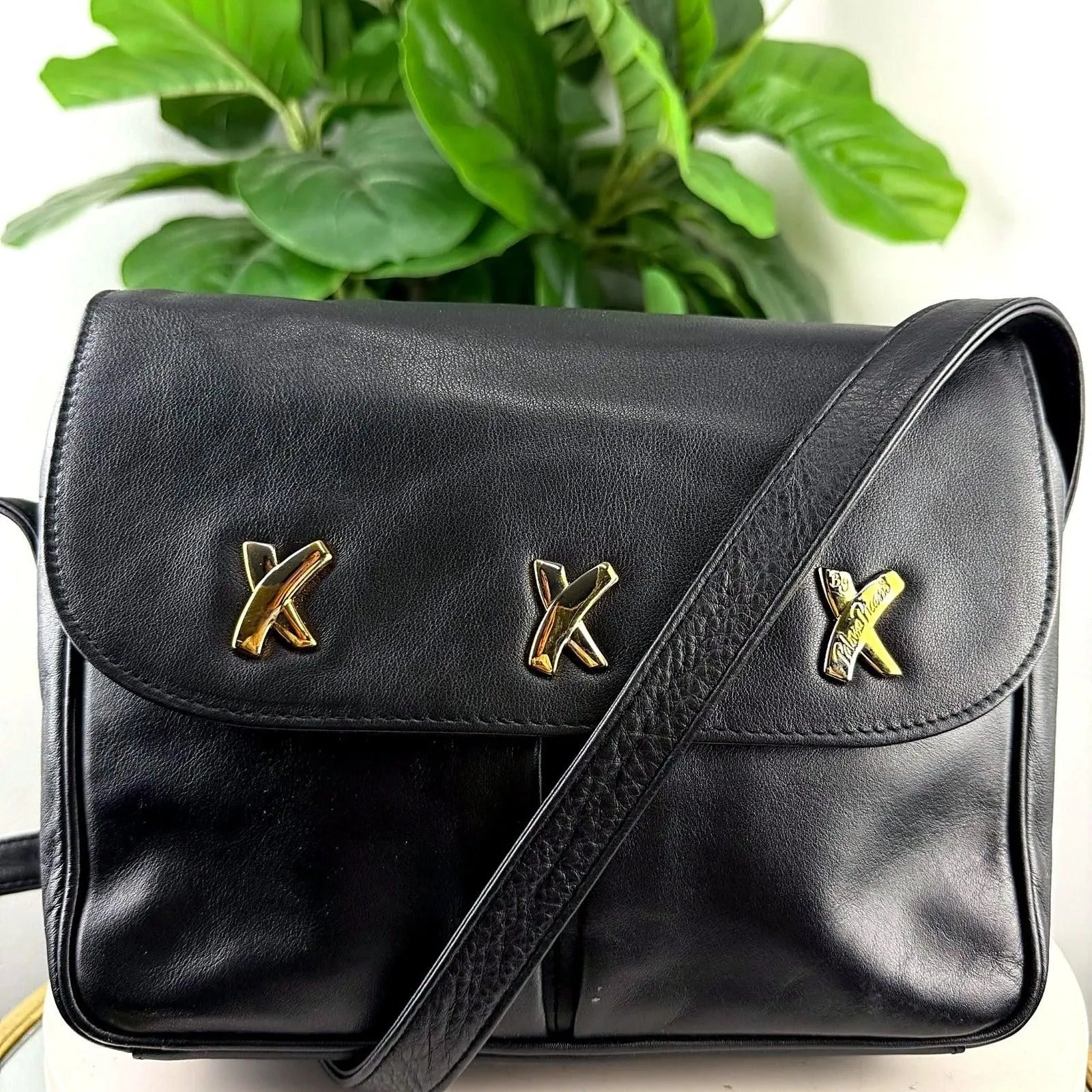 Authentic Vintage By Paloma Picasso Black Leather X Hardware Crossbody Bag
