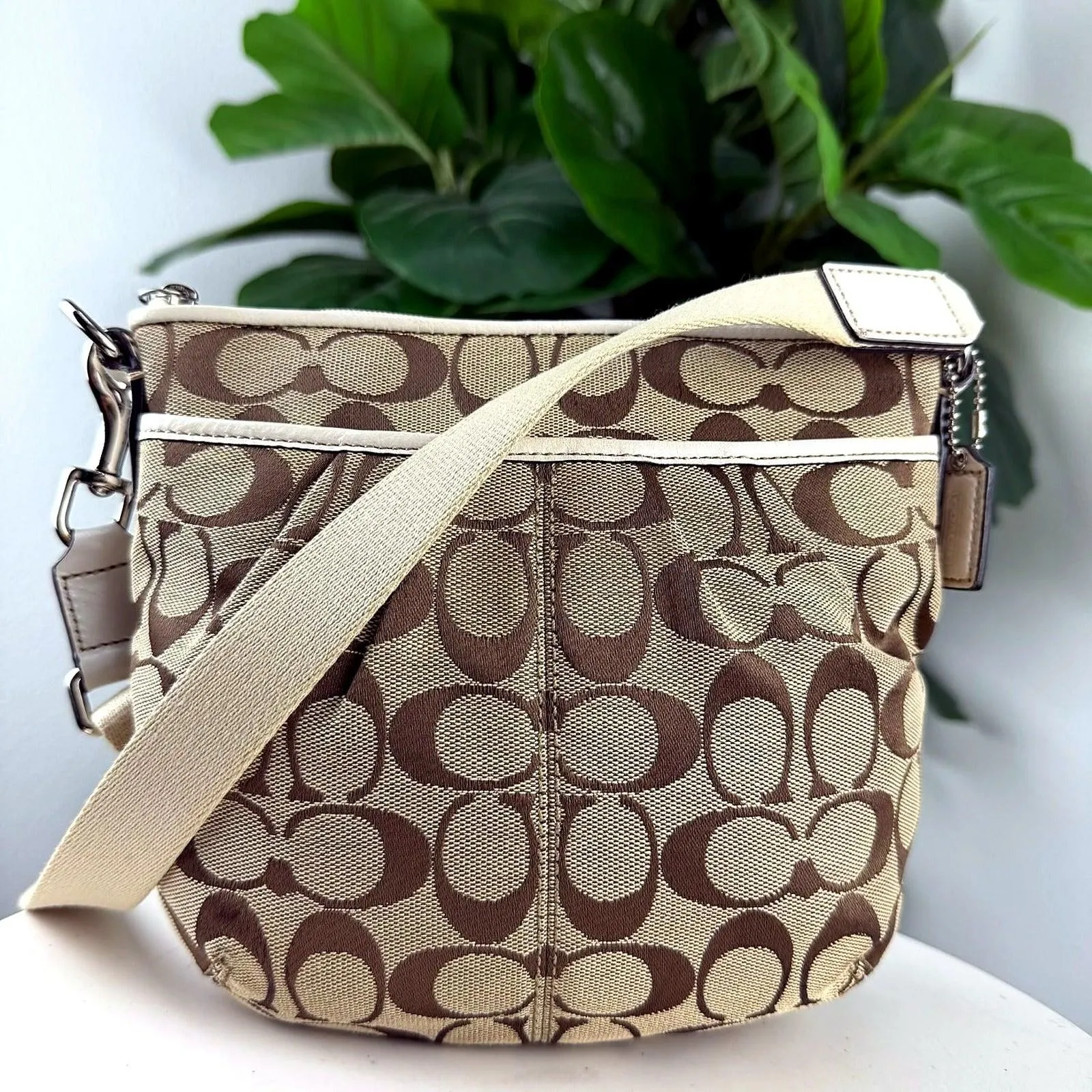 Authentic Coach Tan Signature Canvas Crossbody Bag with Cream Leather Trim