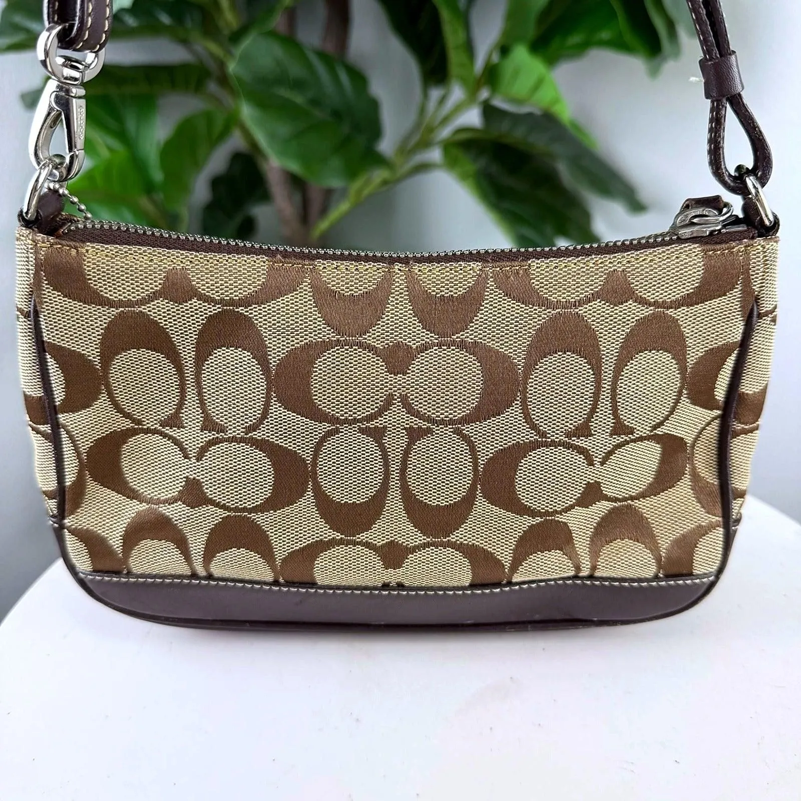 Authentic Coach Tan Signature Canvas Pouch Shoulder Bag with Dark Brown Trim