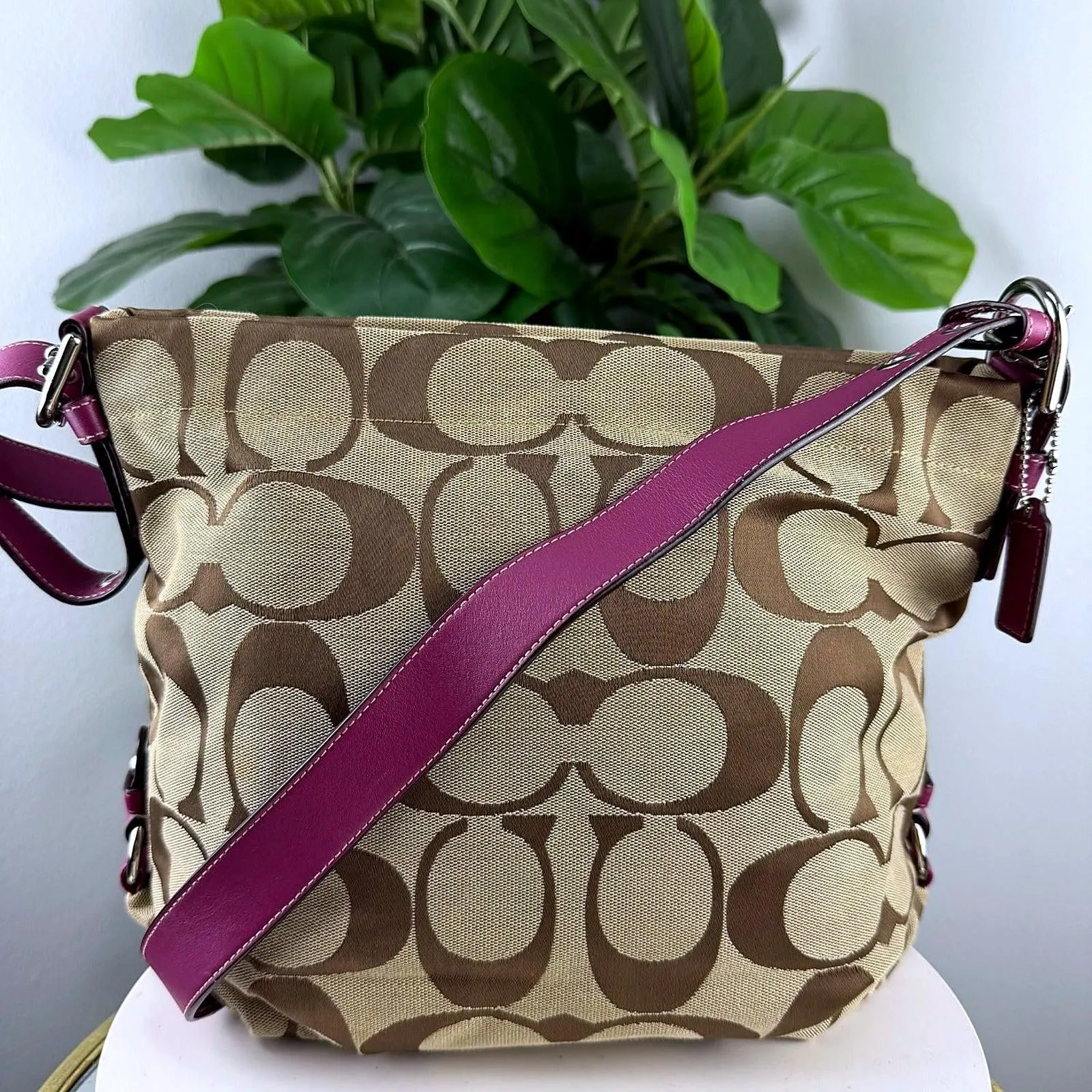 Authentic Coach Tan Signature Canvas Hobo Bag with Fuchsia Leather Trim
