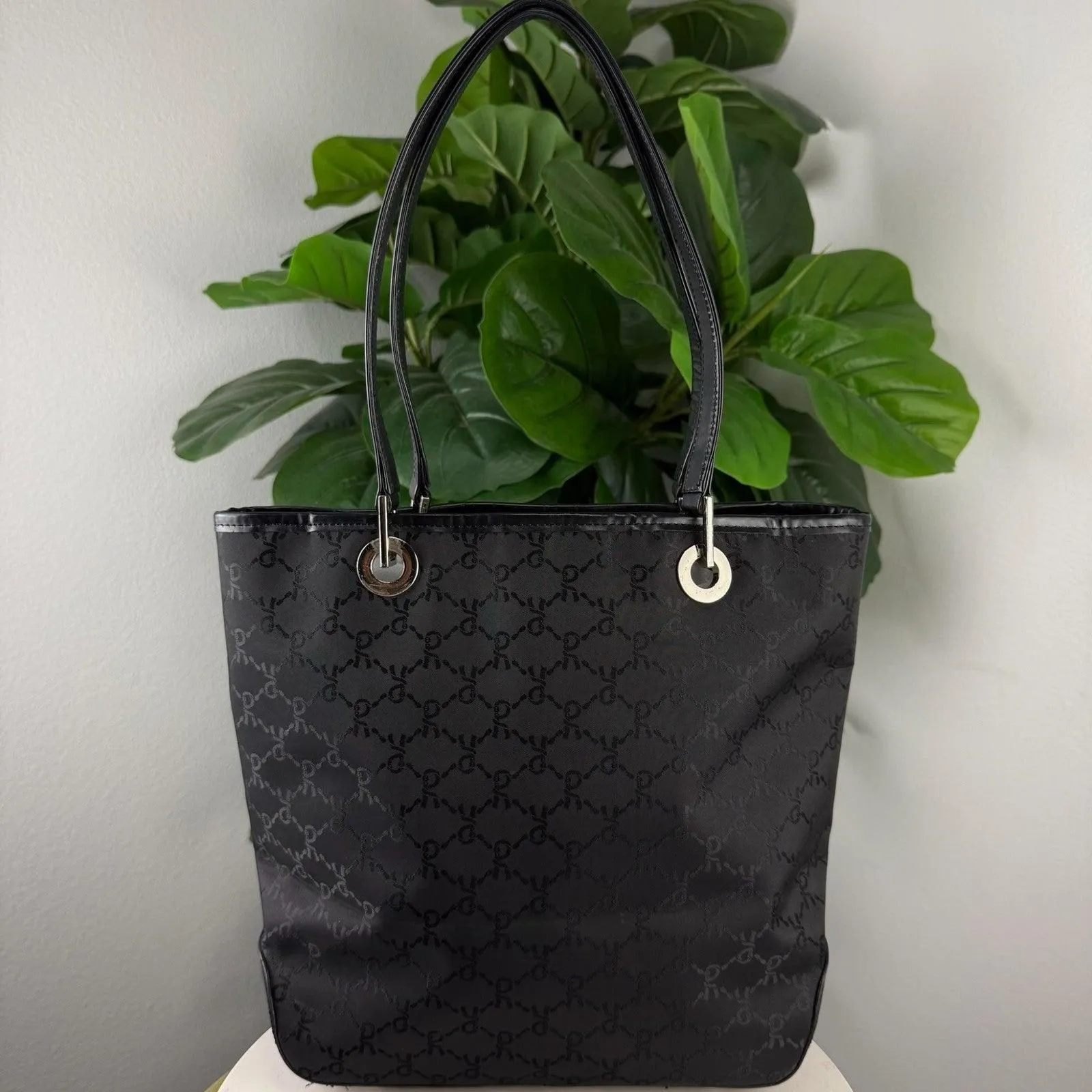 Authentic Vintage Roberta di Camerino Black Jacquard Nylon Tote Bag with Grommet Hardware